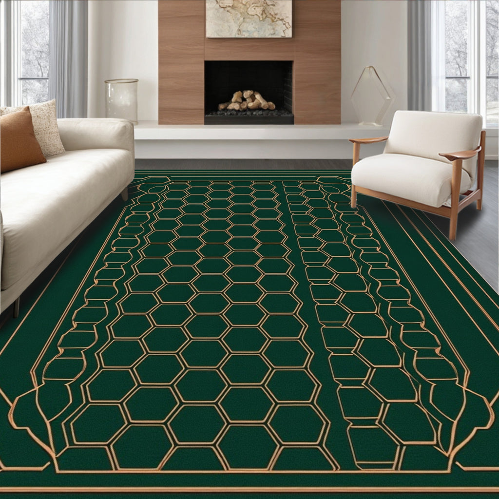 Emerald Gold Geometric Hexagon Art Deco Rug
