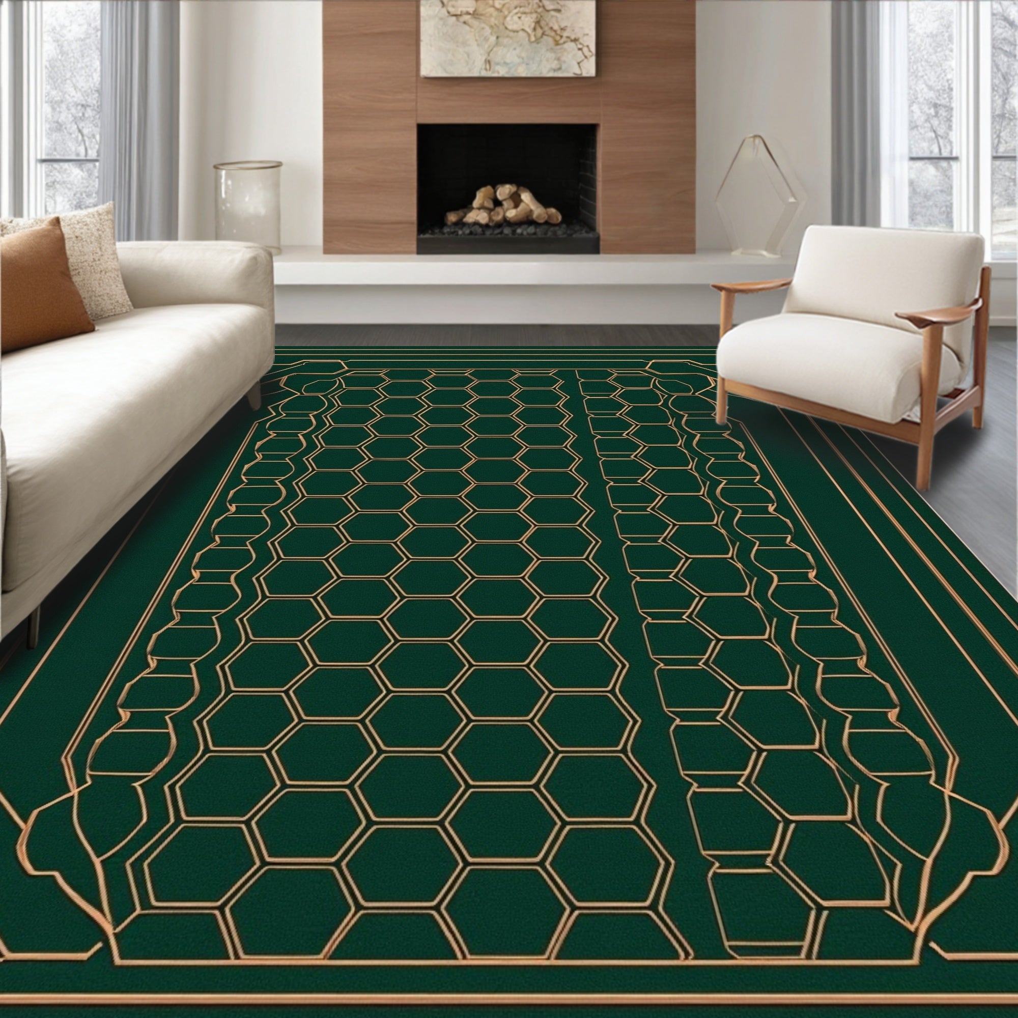 Emerald Gold Geometric Hexagon Art Deco Rug