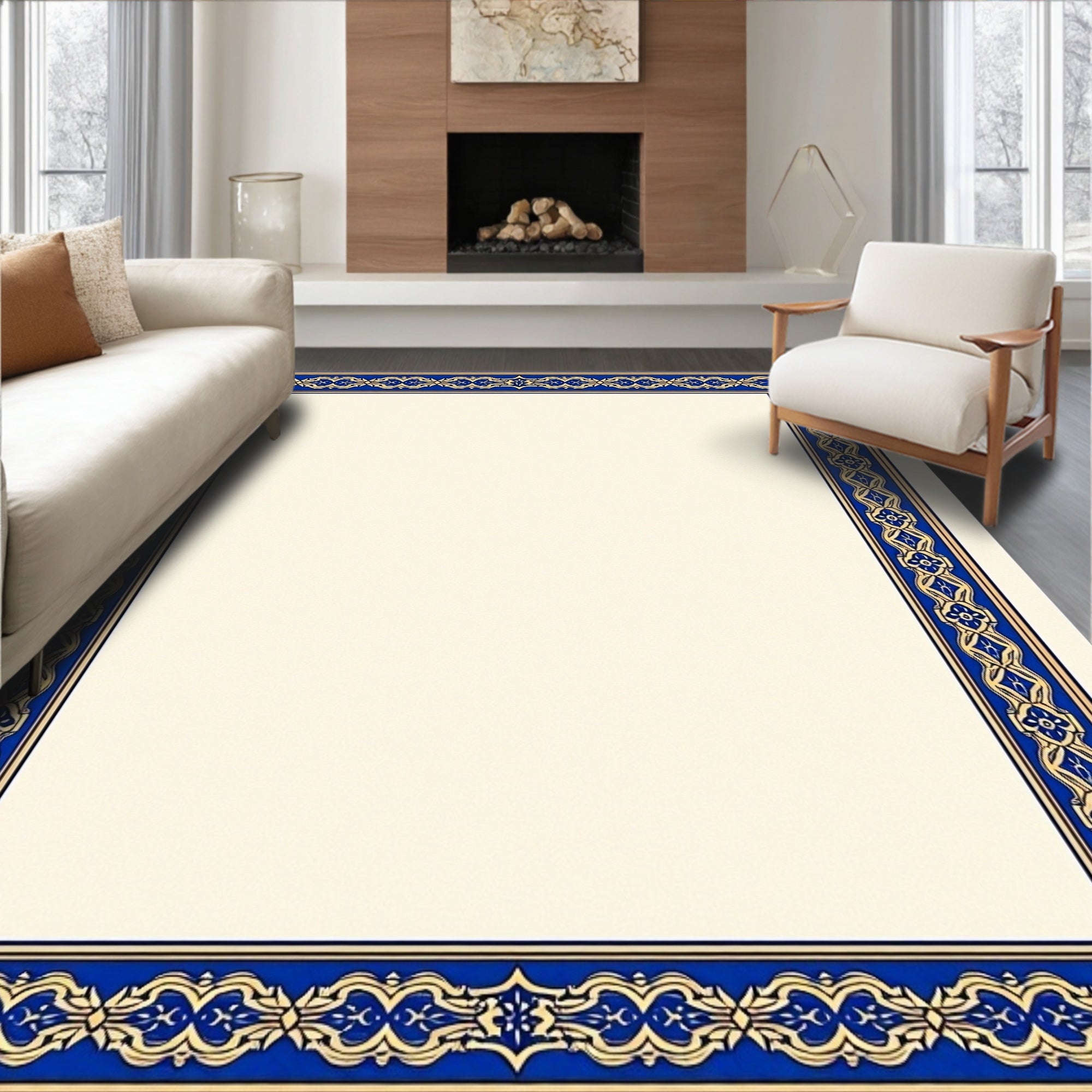 Elegant Blue Gold Damask Border Rug