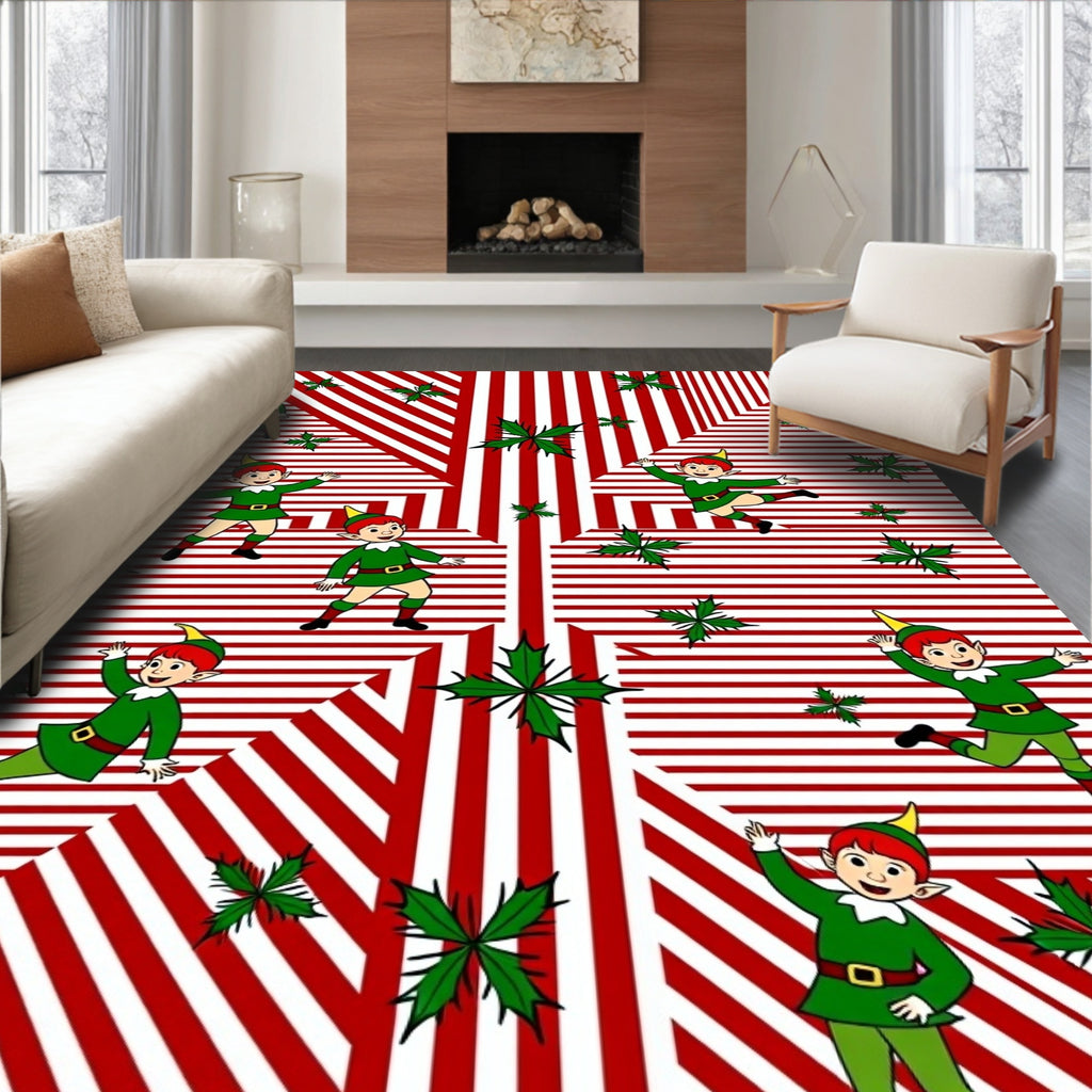 Christmas Elf Red White Stripe Holly Rug