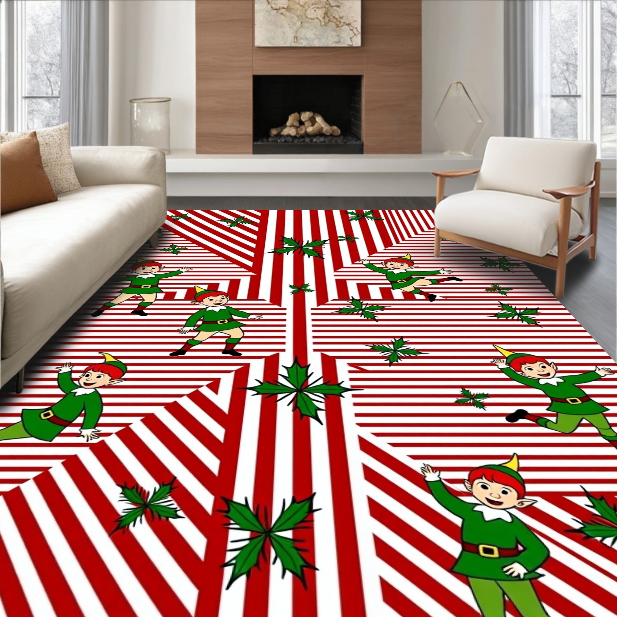 Christmas Elf Red White Stripe Holly Rug