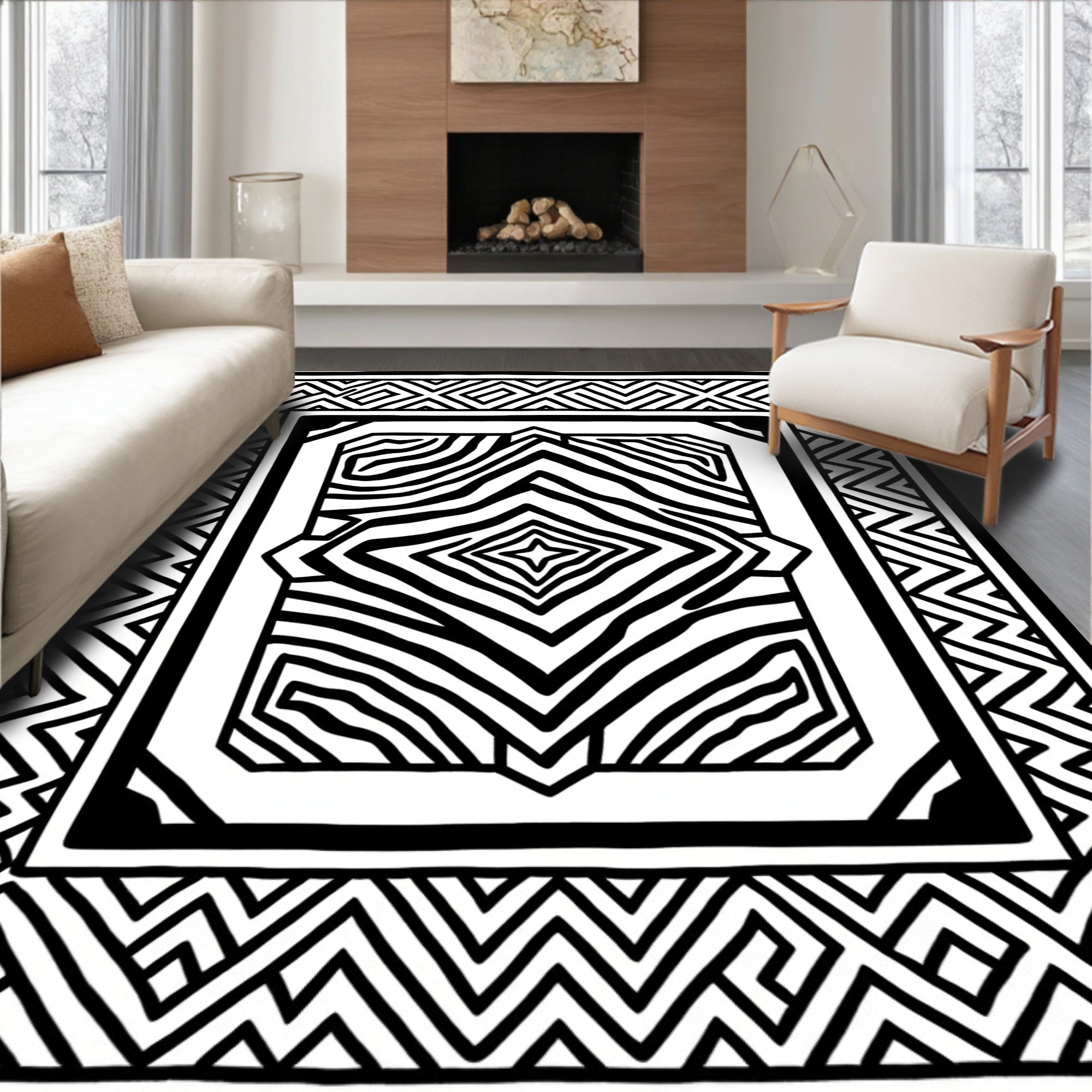 Monochrome Geometric Zebra Diamond Rug