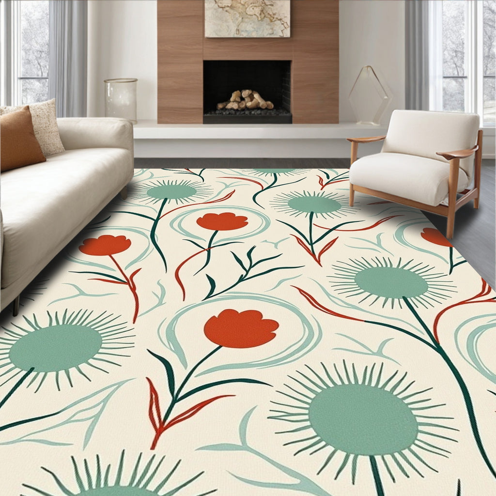 Teal Coral Whimsical Floral Illustration Rug