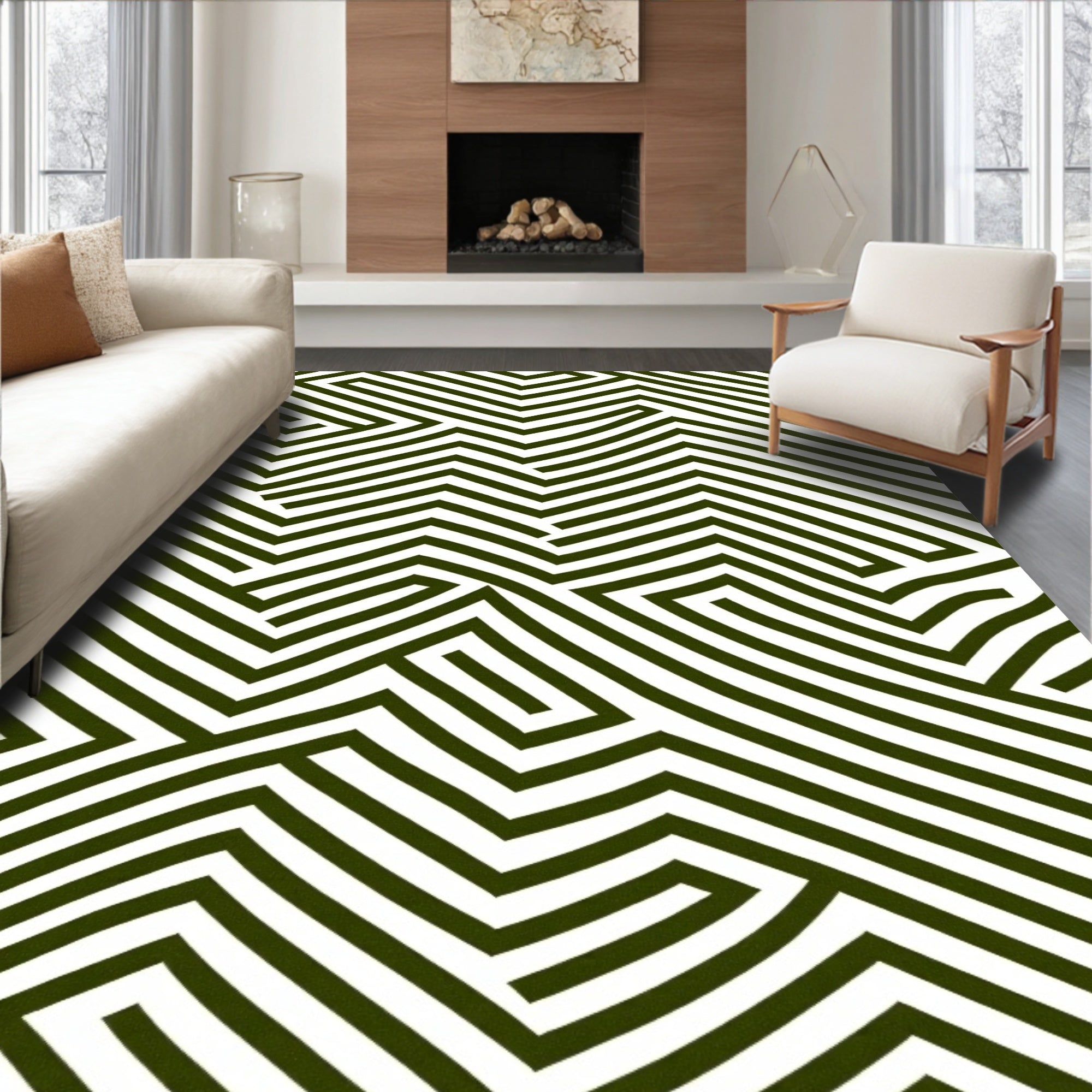 Olive Green Geometric Maze Rug