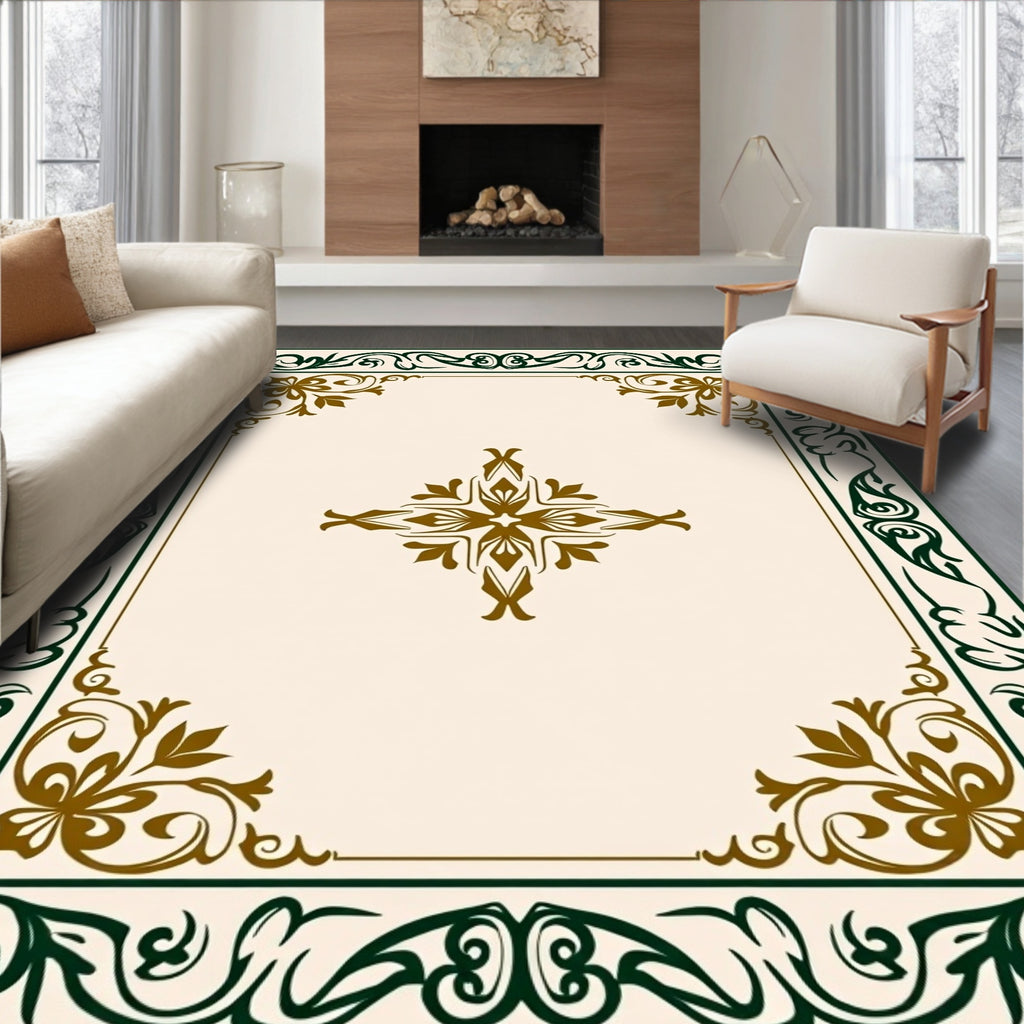 Olive Green Gold Scrollwork Centerpiece Rug