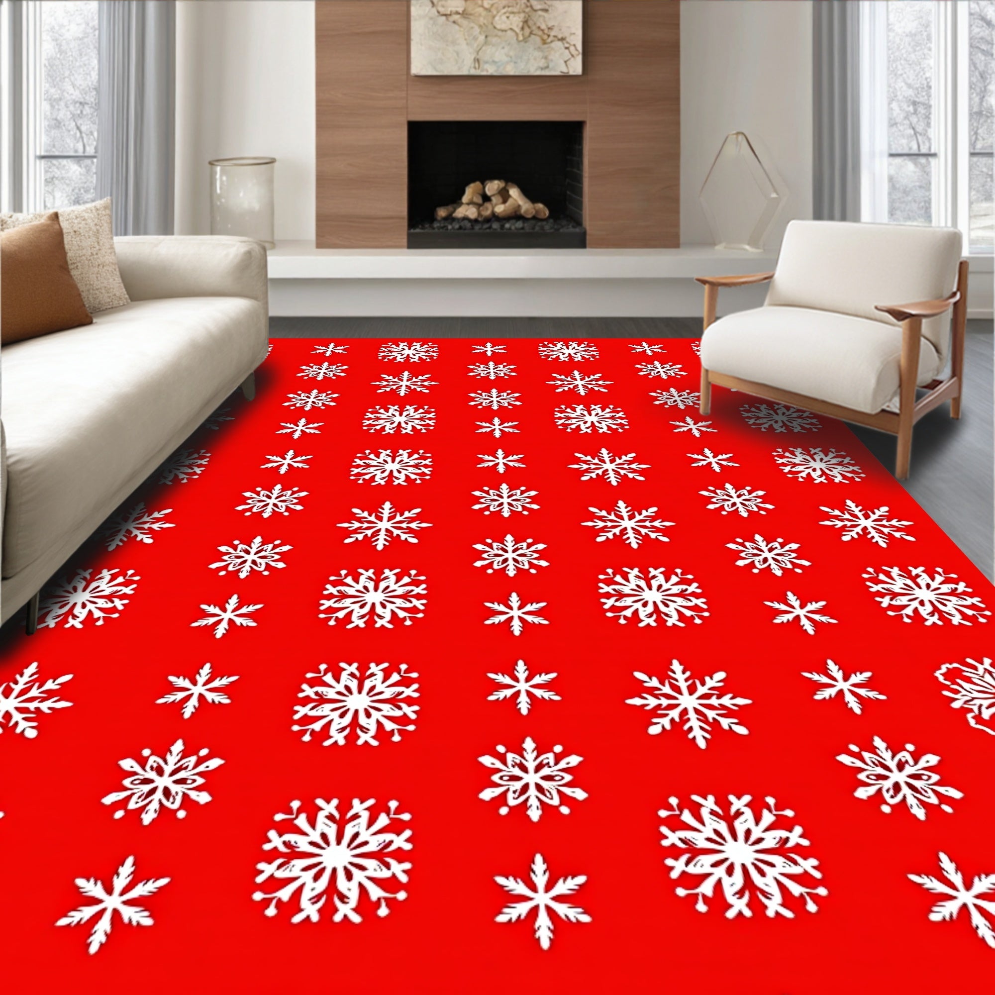 White Snowflake Scatter Red Rug
