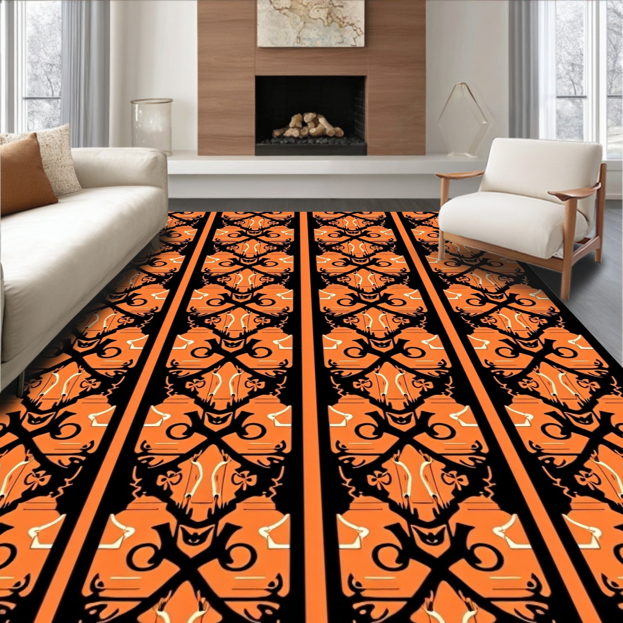 Bold Orange Black Vertical Stripe Rug