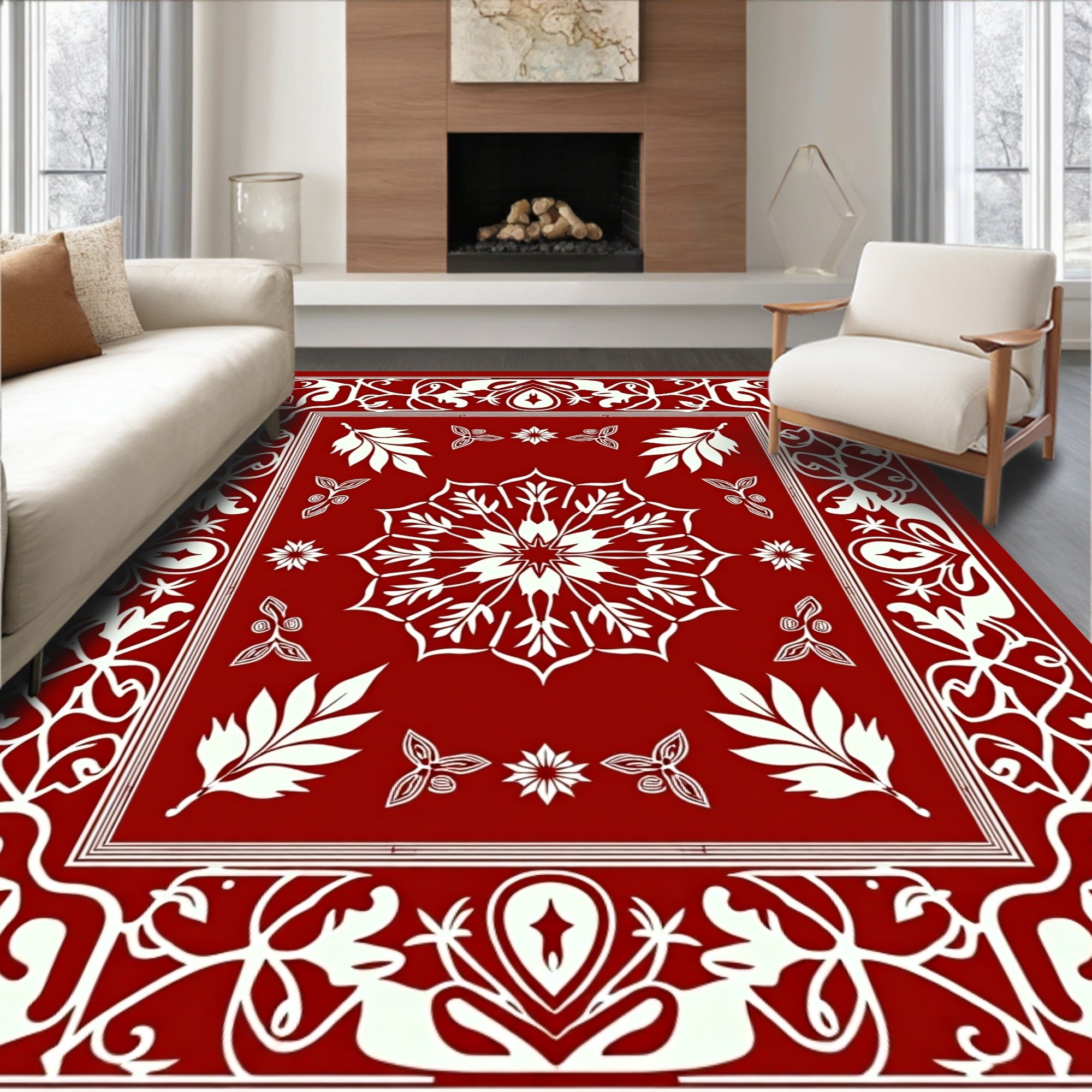 Crimson White Floral Medallion Border Rug