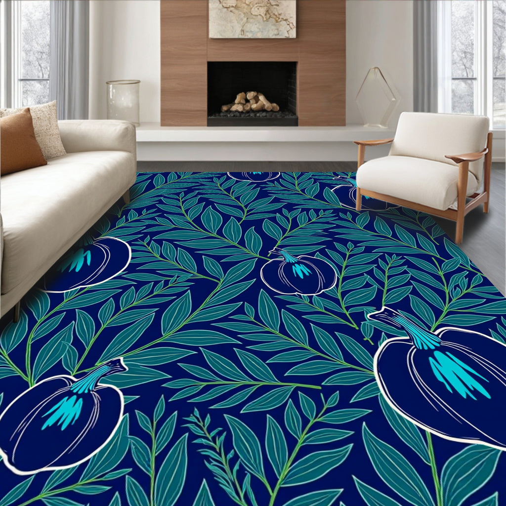 Deep Blue Pumpkin Leaf Arrangement Rug