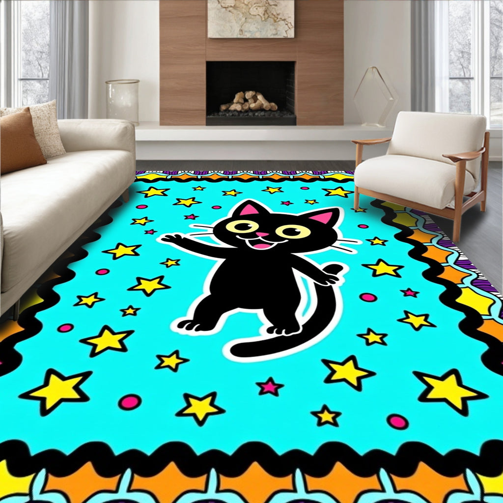 Whimsical Black Cat Starry Sky Rug