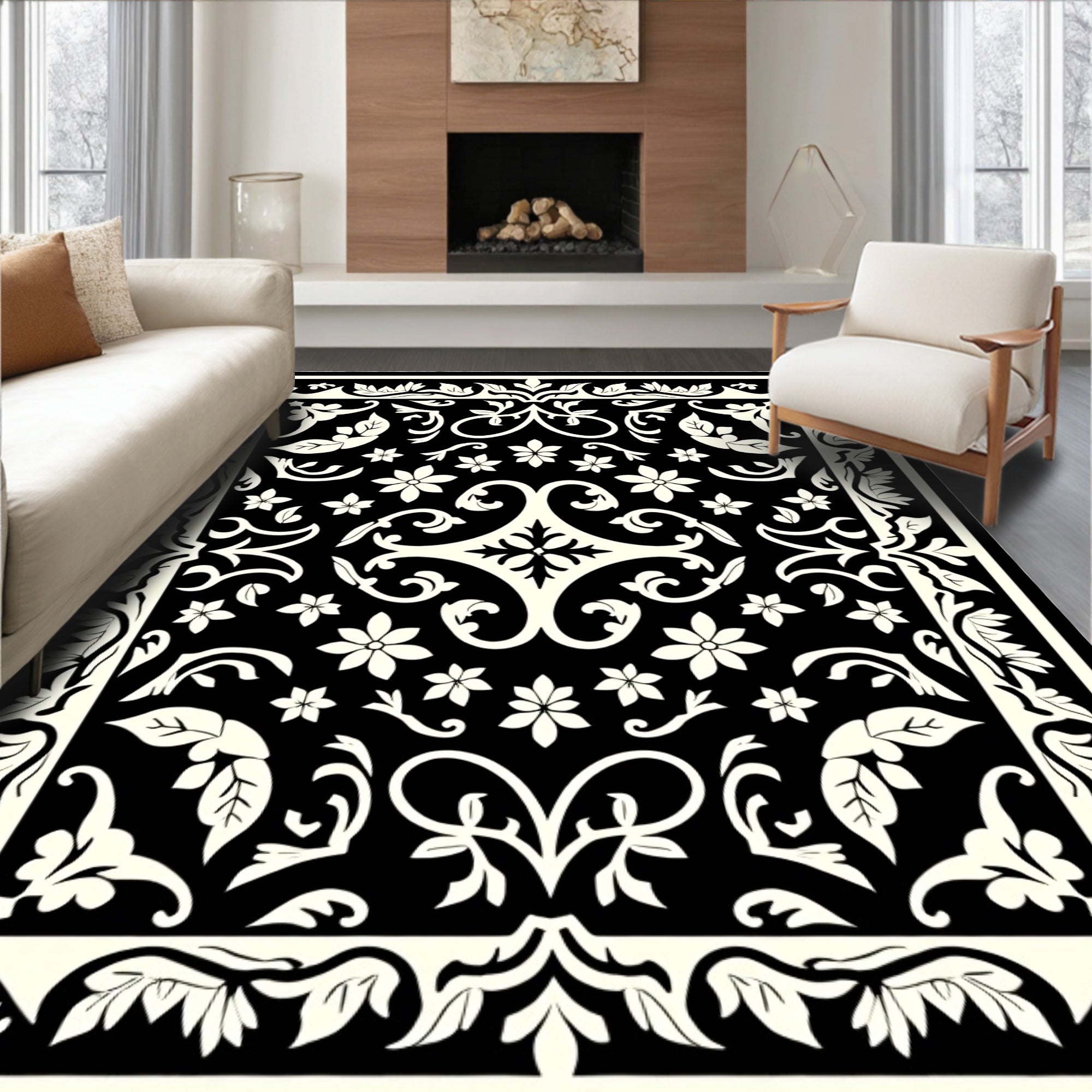 Black Ivory Damask Garden Floral Rug