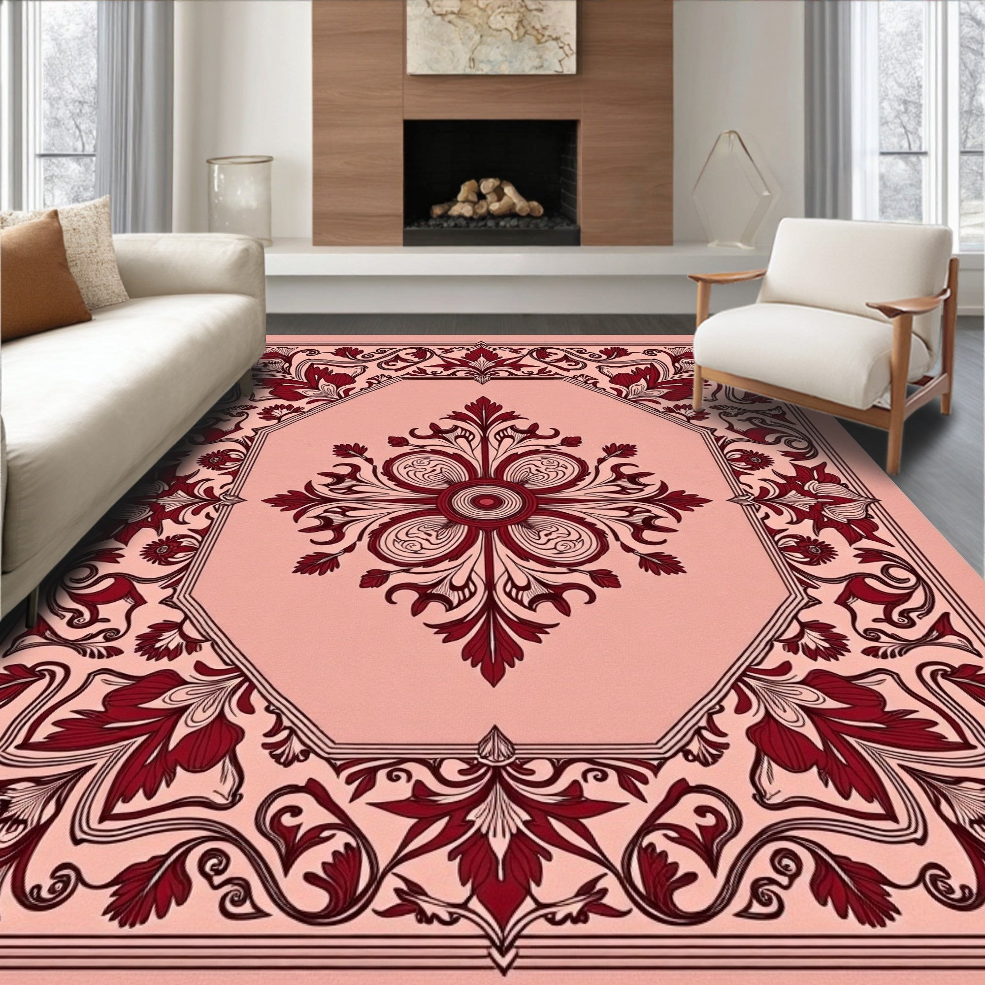 Crimson Floral Octagon Medallion Blush Rug