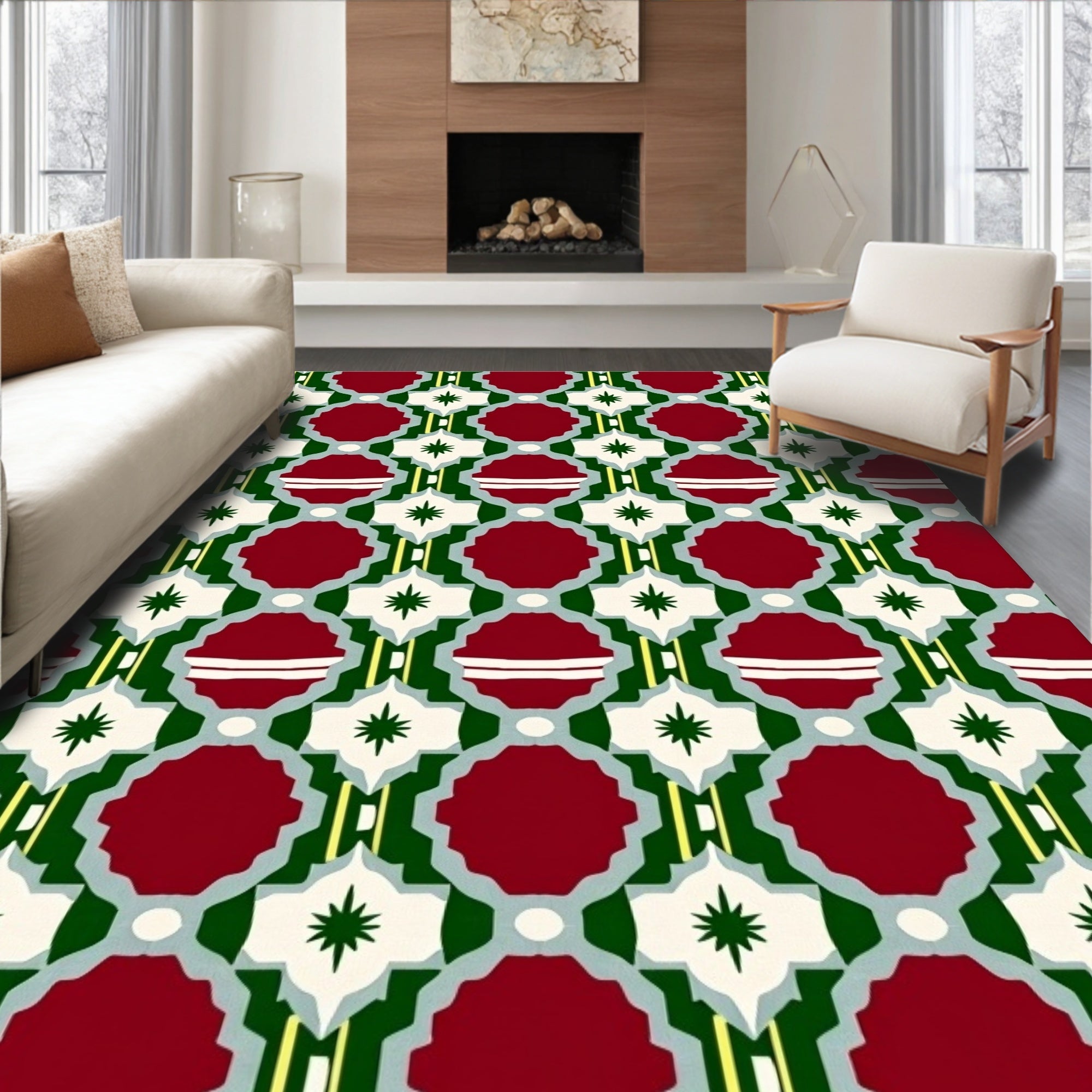 Crimson Green Starburst Geometric Medallion Rug