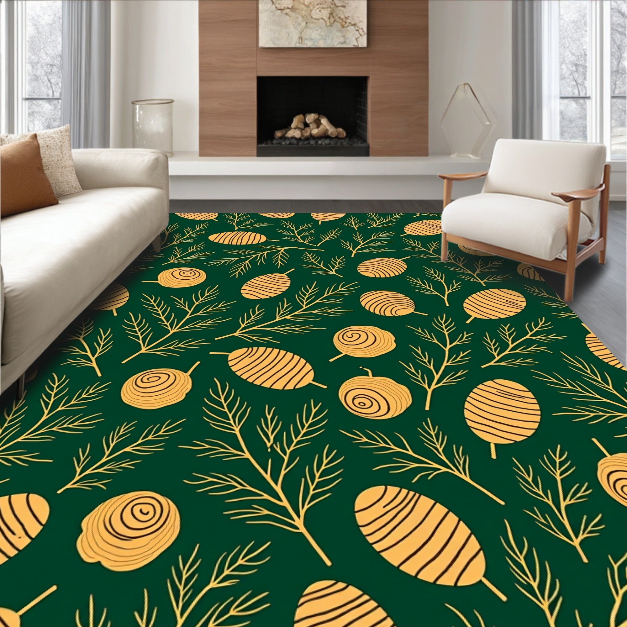 Forest Green Yellow Pinecone Branches Rug