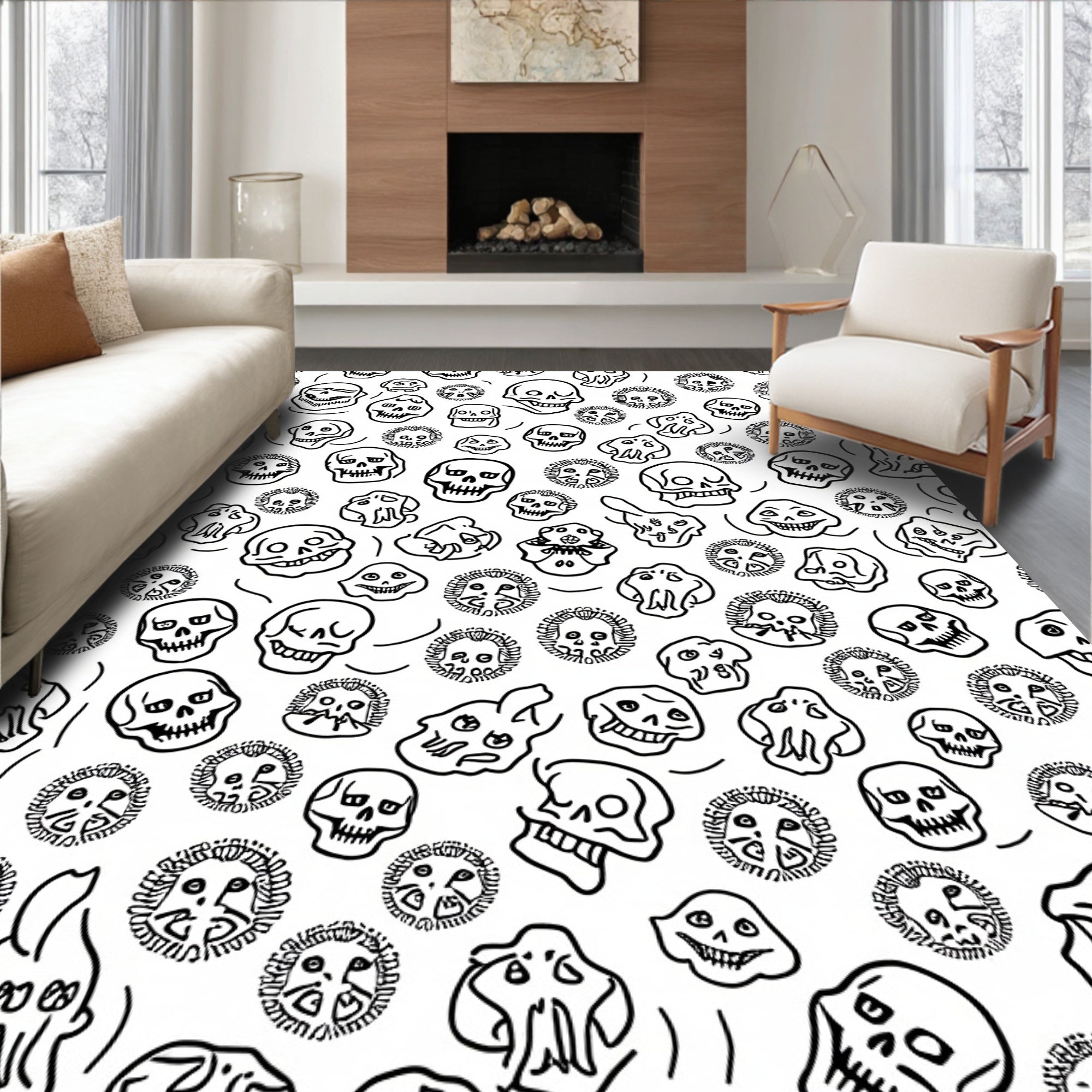 Whimsical Black White Skull Scatter Rug