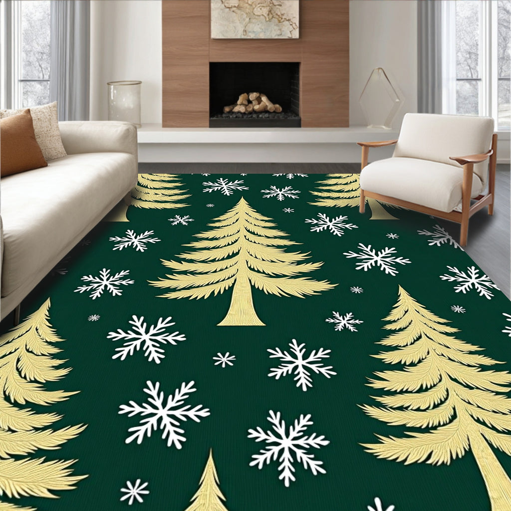 Golden Evergreen Snowflakes Festive Rug