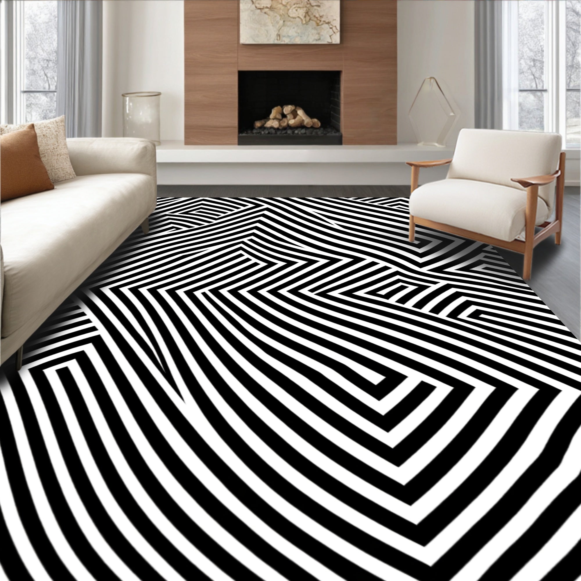 Black White Optical Illusion Maze Rug