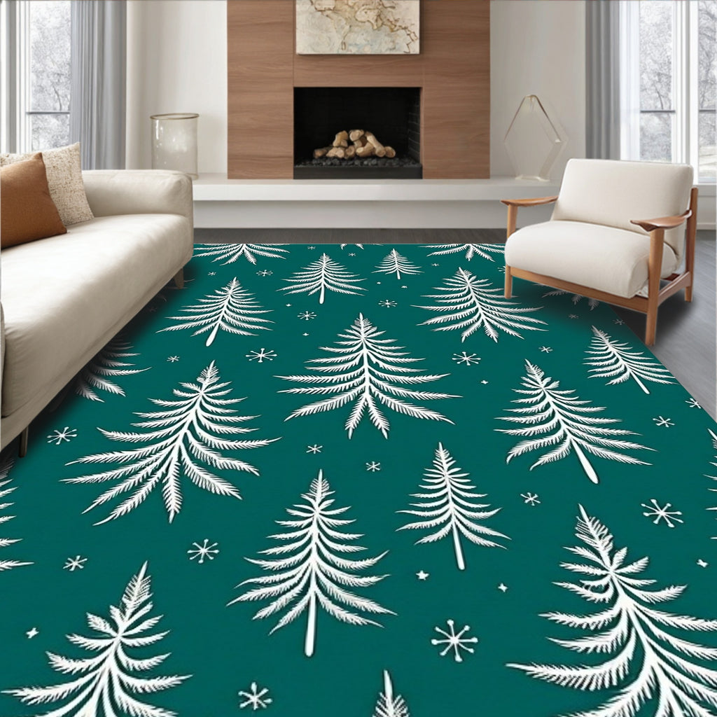 White Pine Trees Teal Snowflakes Rug