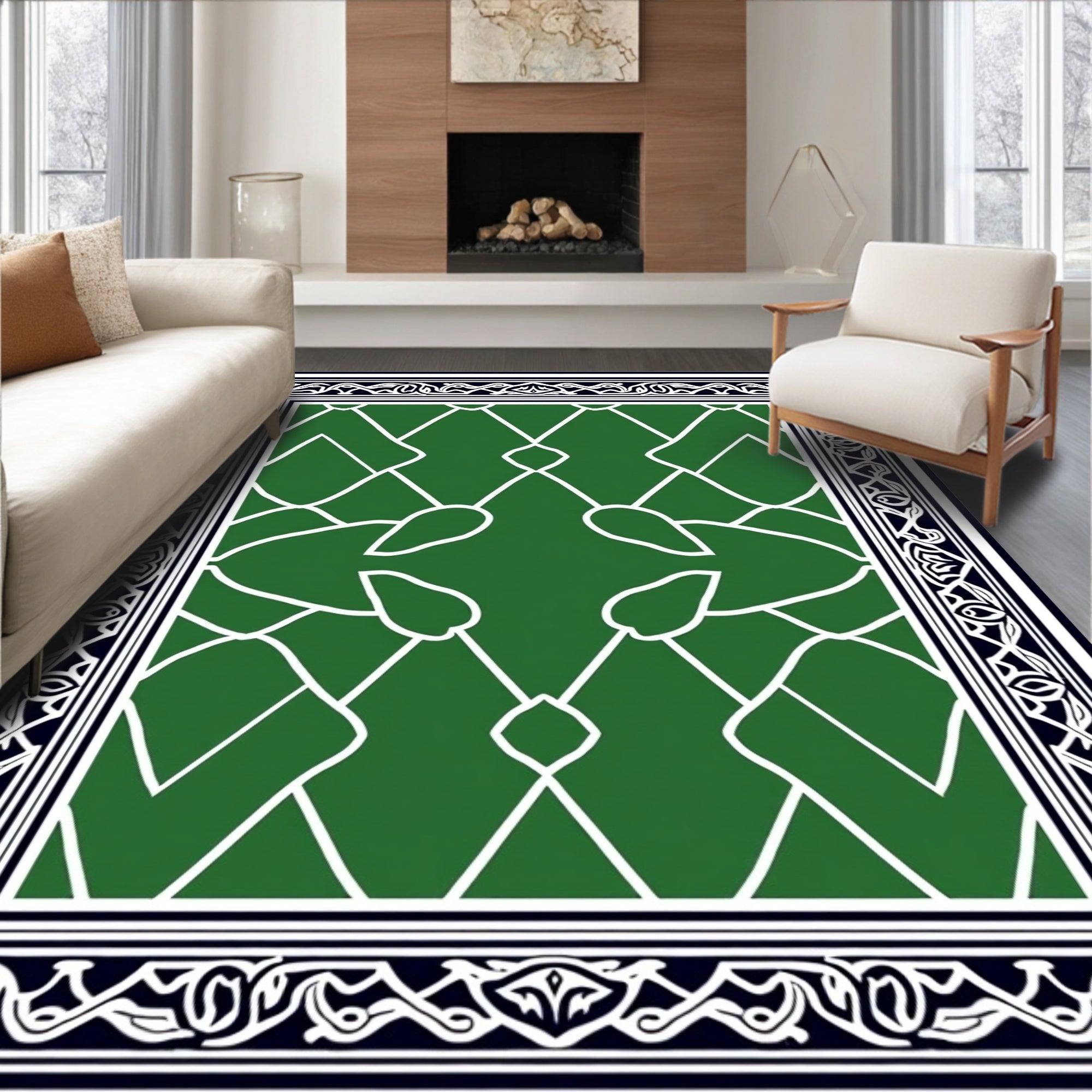 Emerald Green White Lattice Border Rug