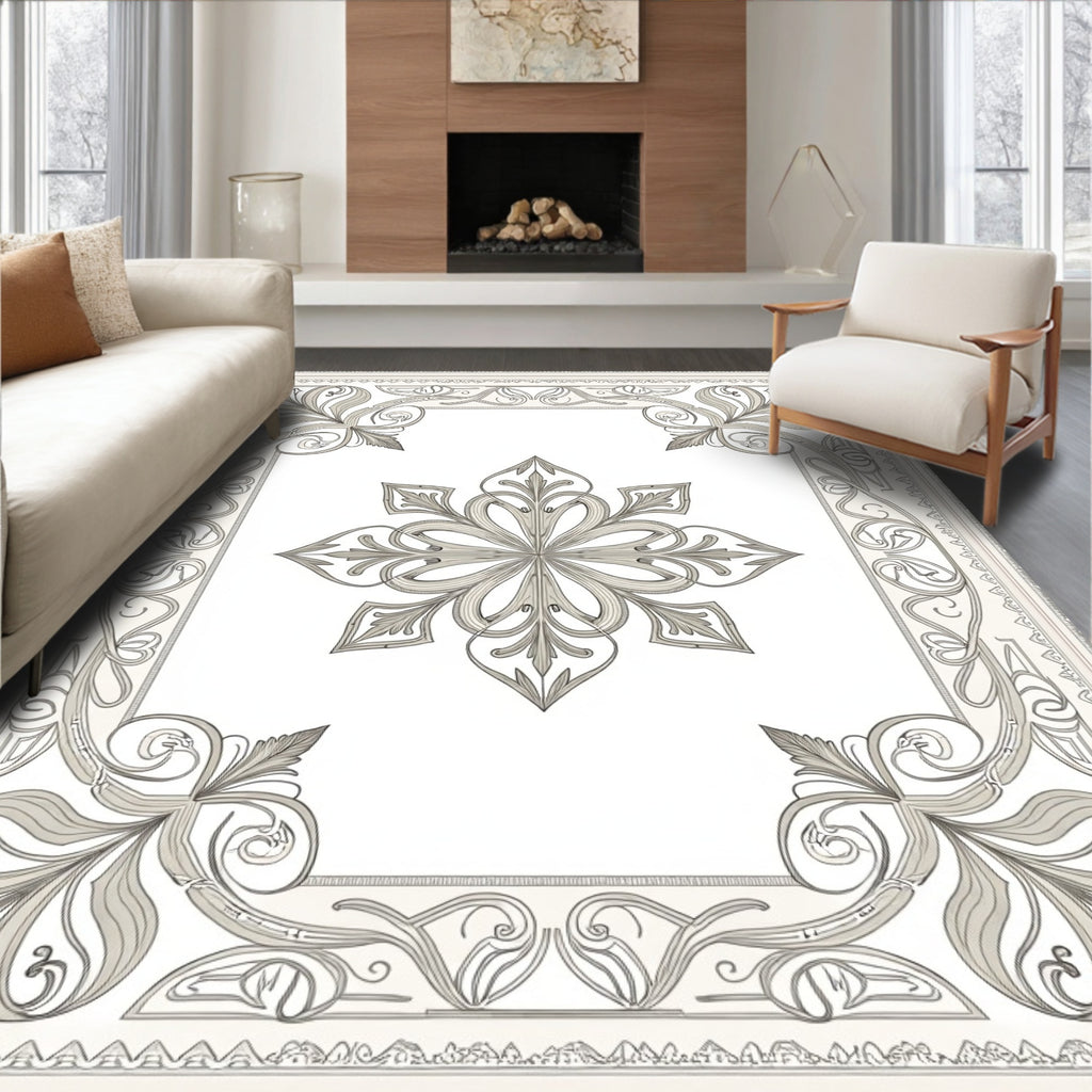 Intricate Floral Ivory Scroll Border Rug