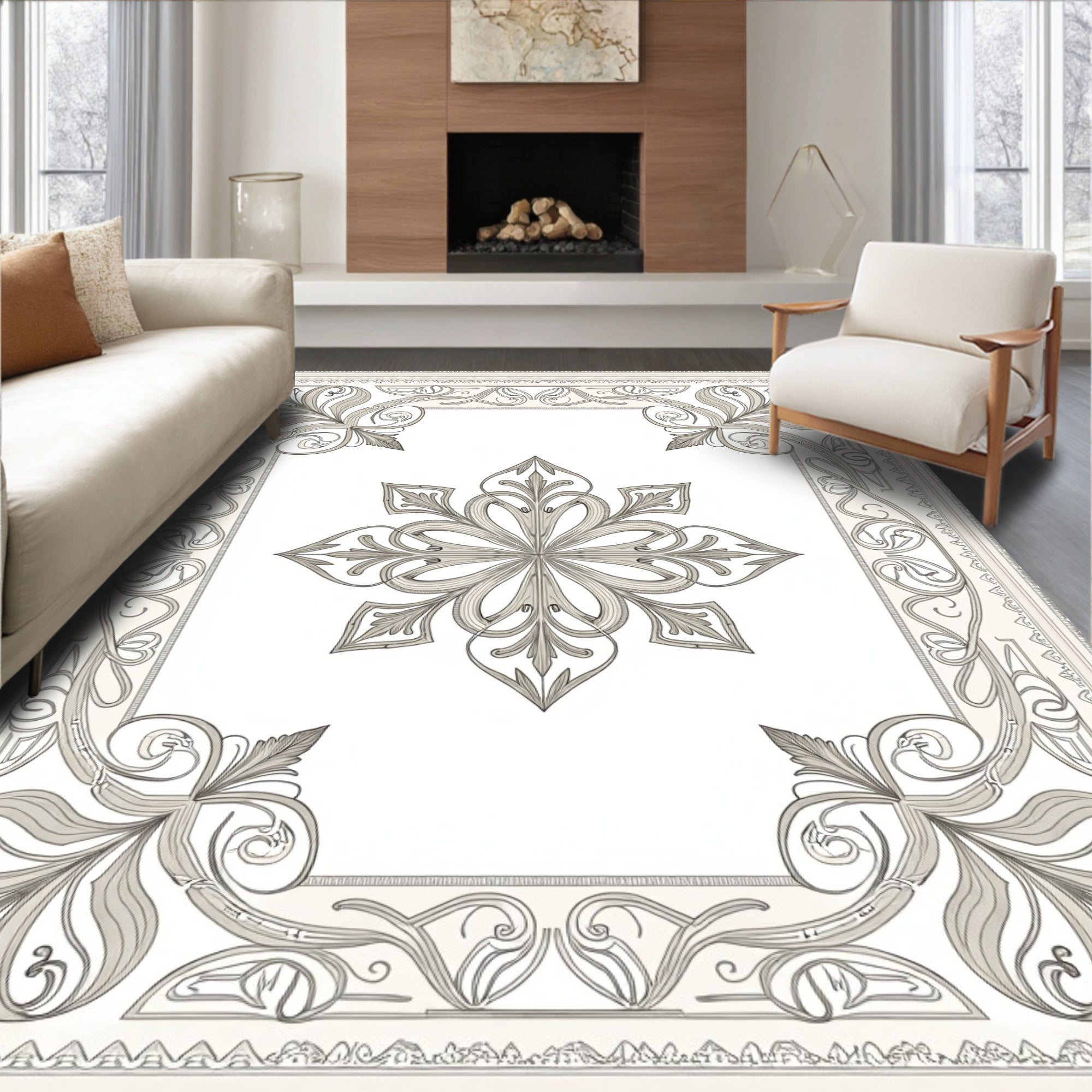 Intricate Floral Ivory Scroll Border Rug