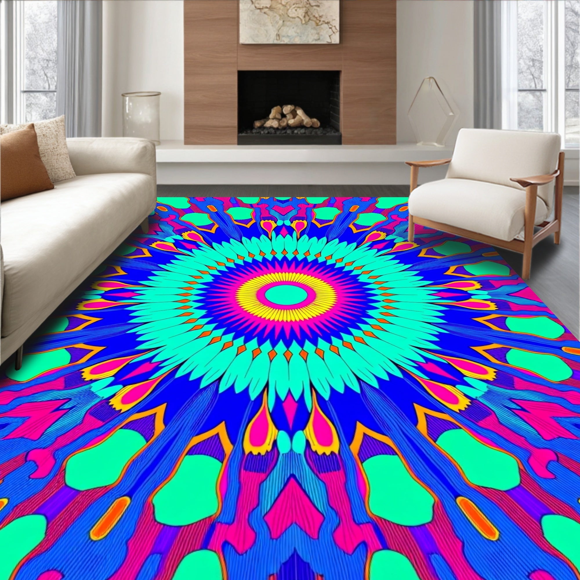 Vibrant Teal Pink Blue Sunburst Rug