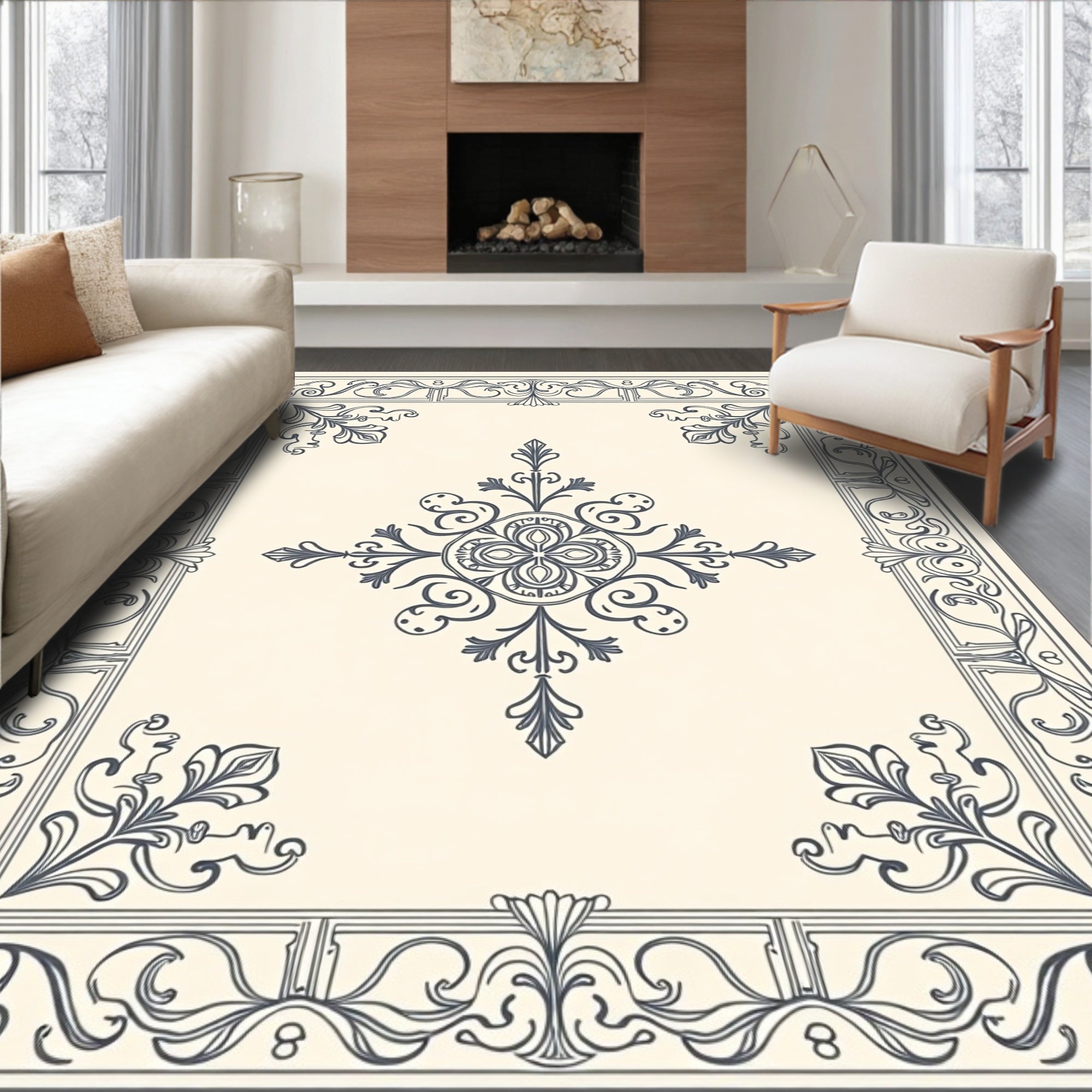 Ornate Blue Floral Medallion Frame Rug
