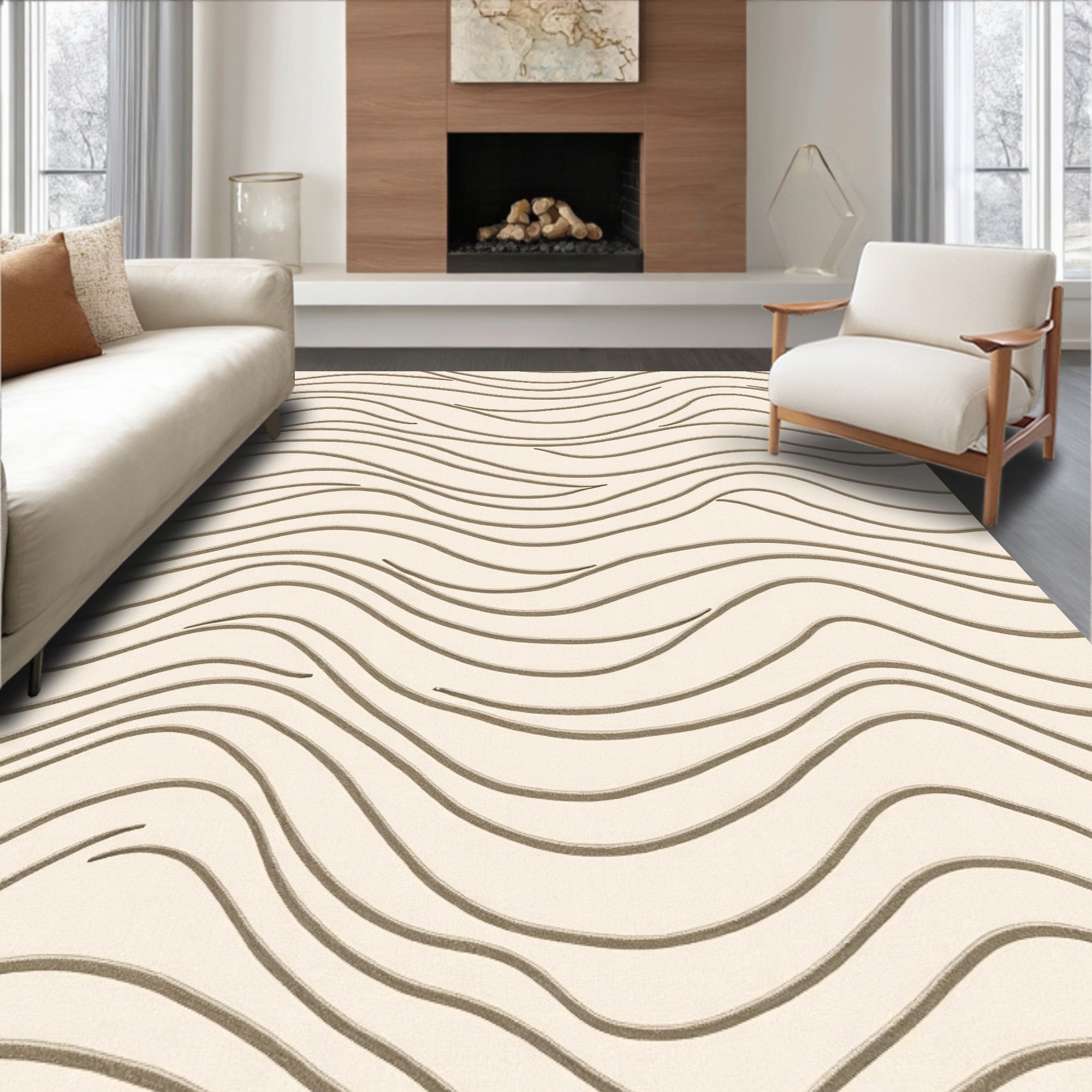 Cream Modern Wavy Lines Rug