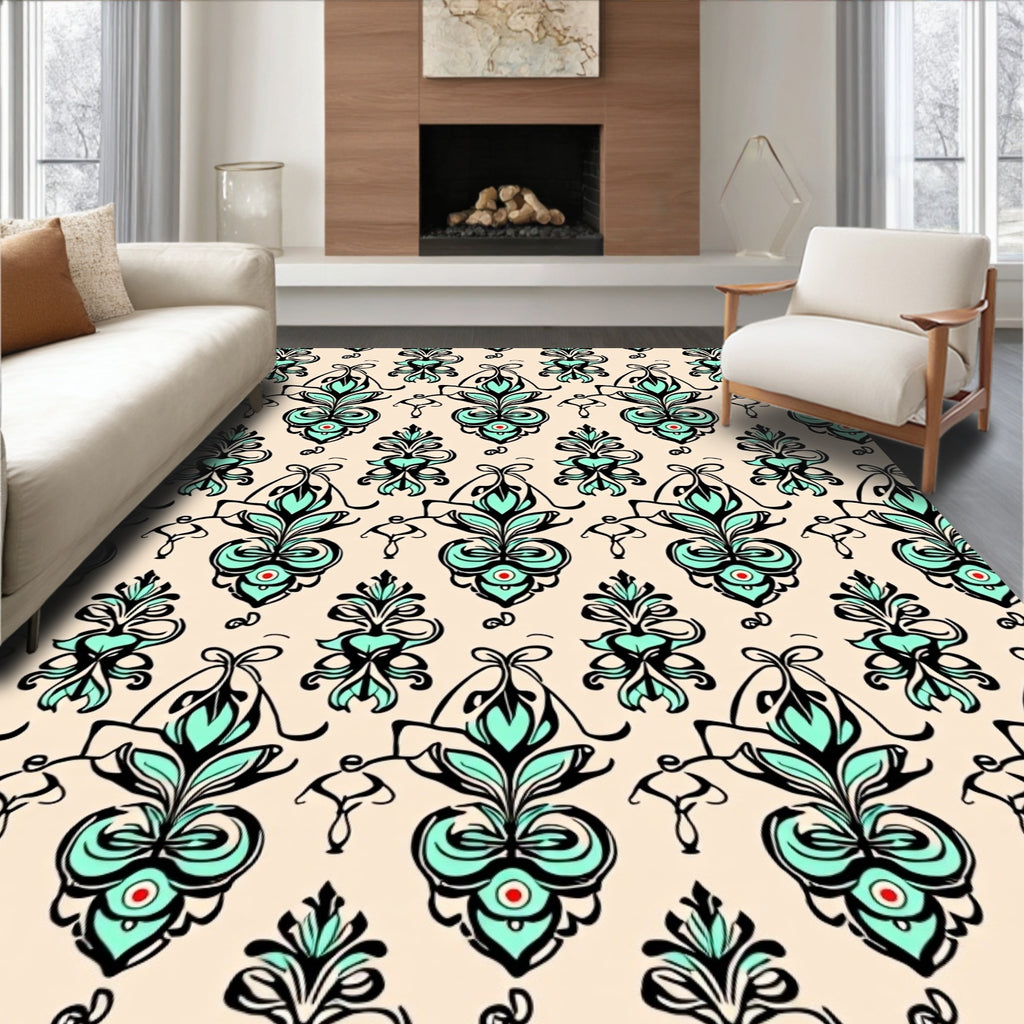 Soft Teal and Black Floral Motif Rug