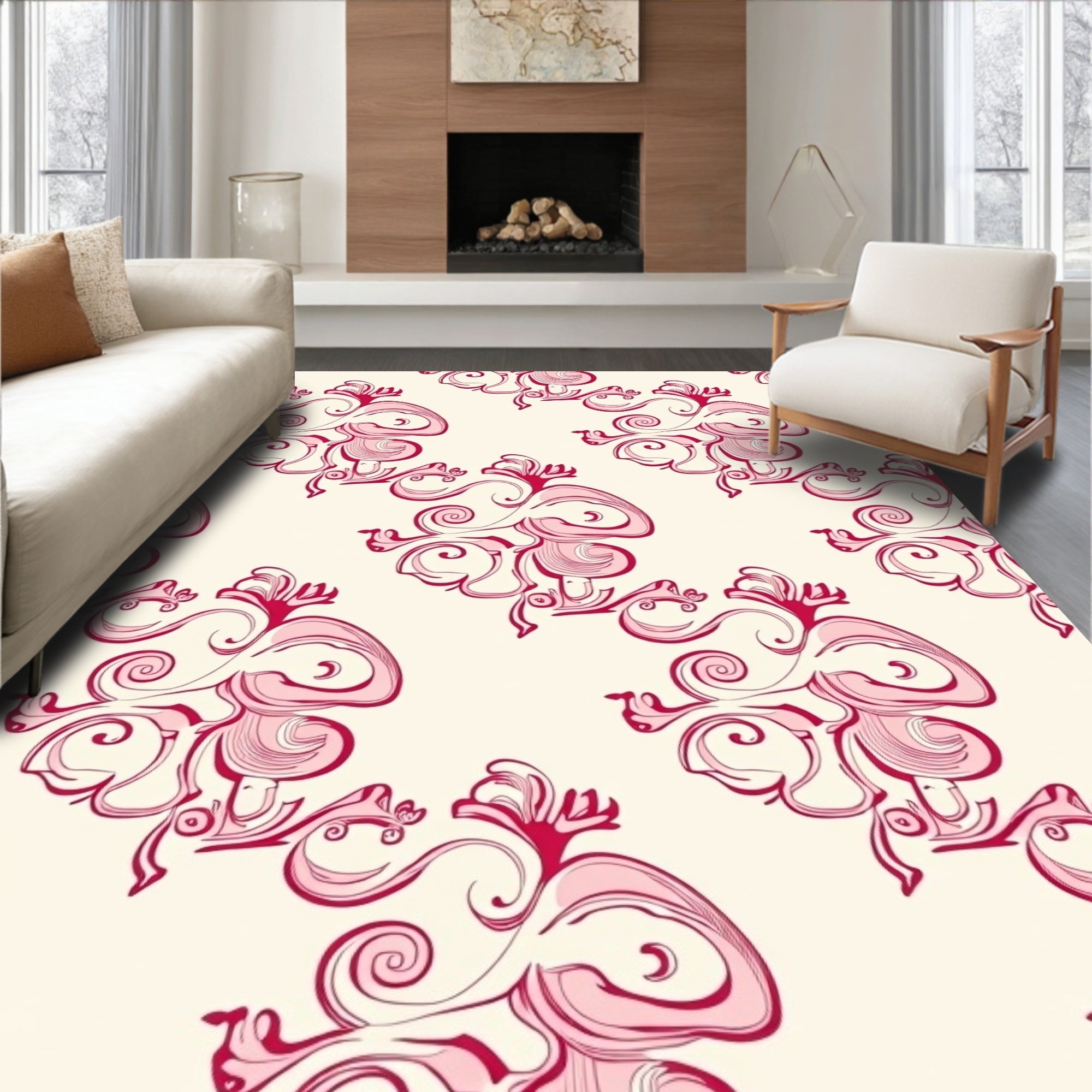 Crimson Rococo Swirl Floral Rug
