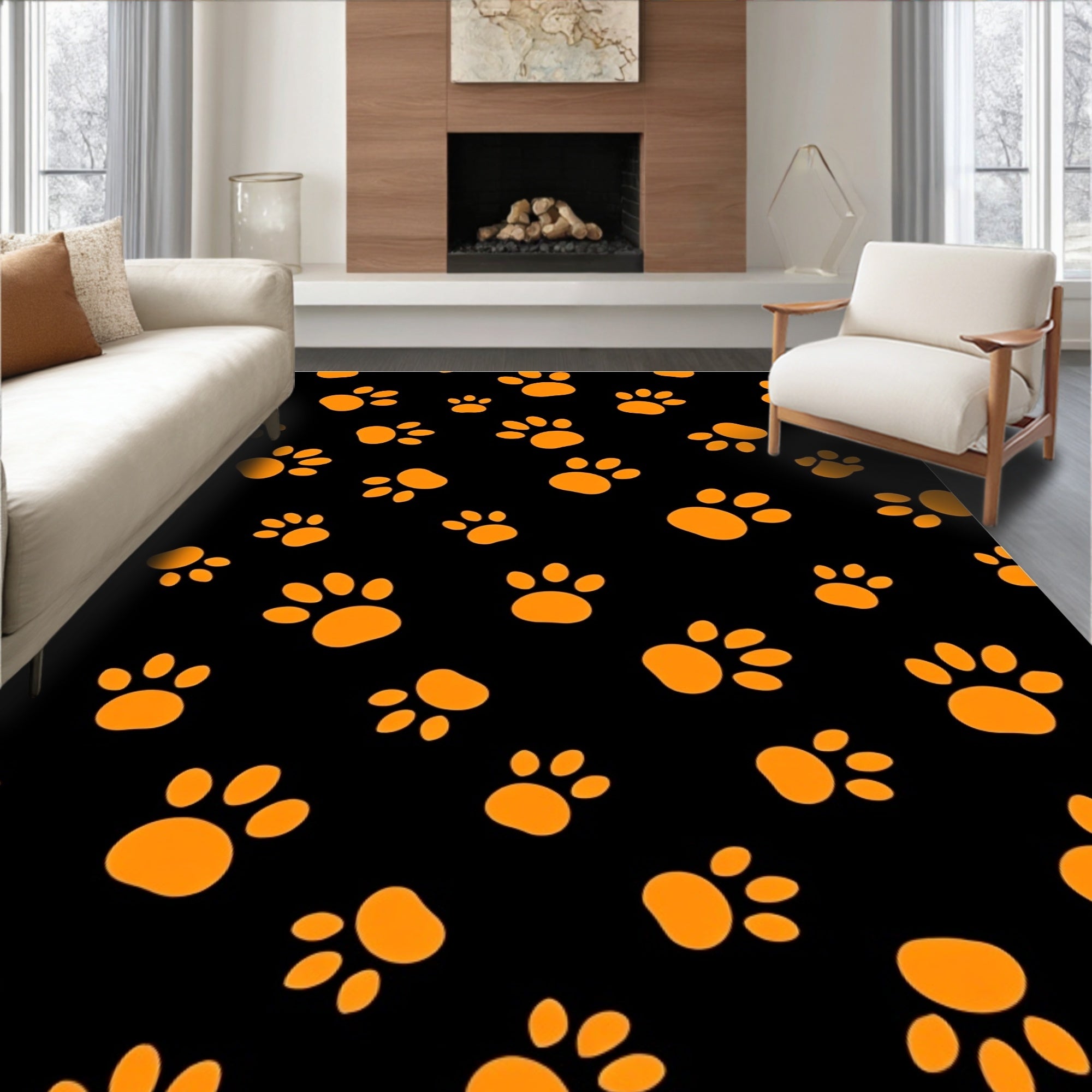 Orange Paw Prints on Black Background Rug