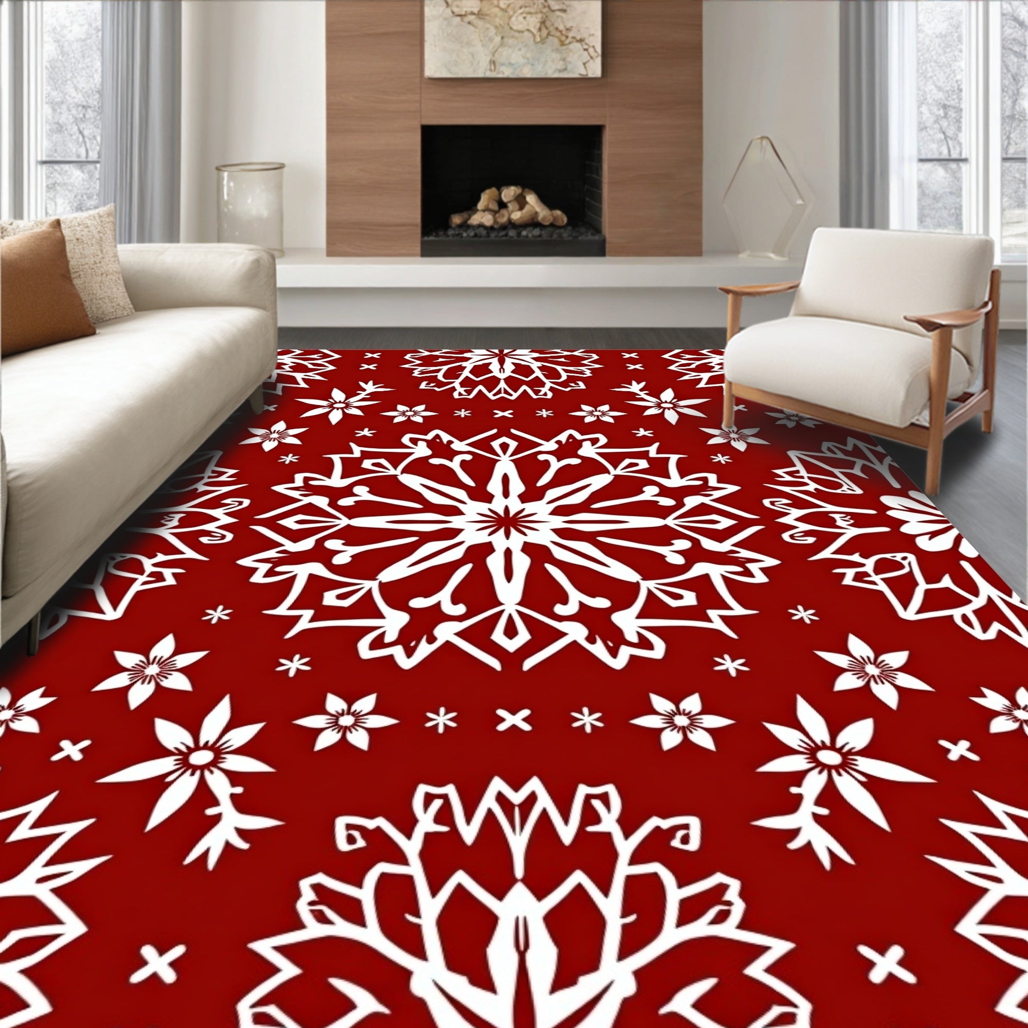 Classic Red Snowflake Mandala Decor Rug