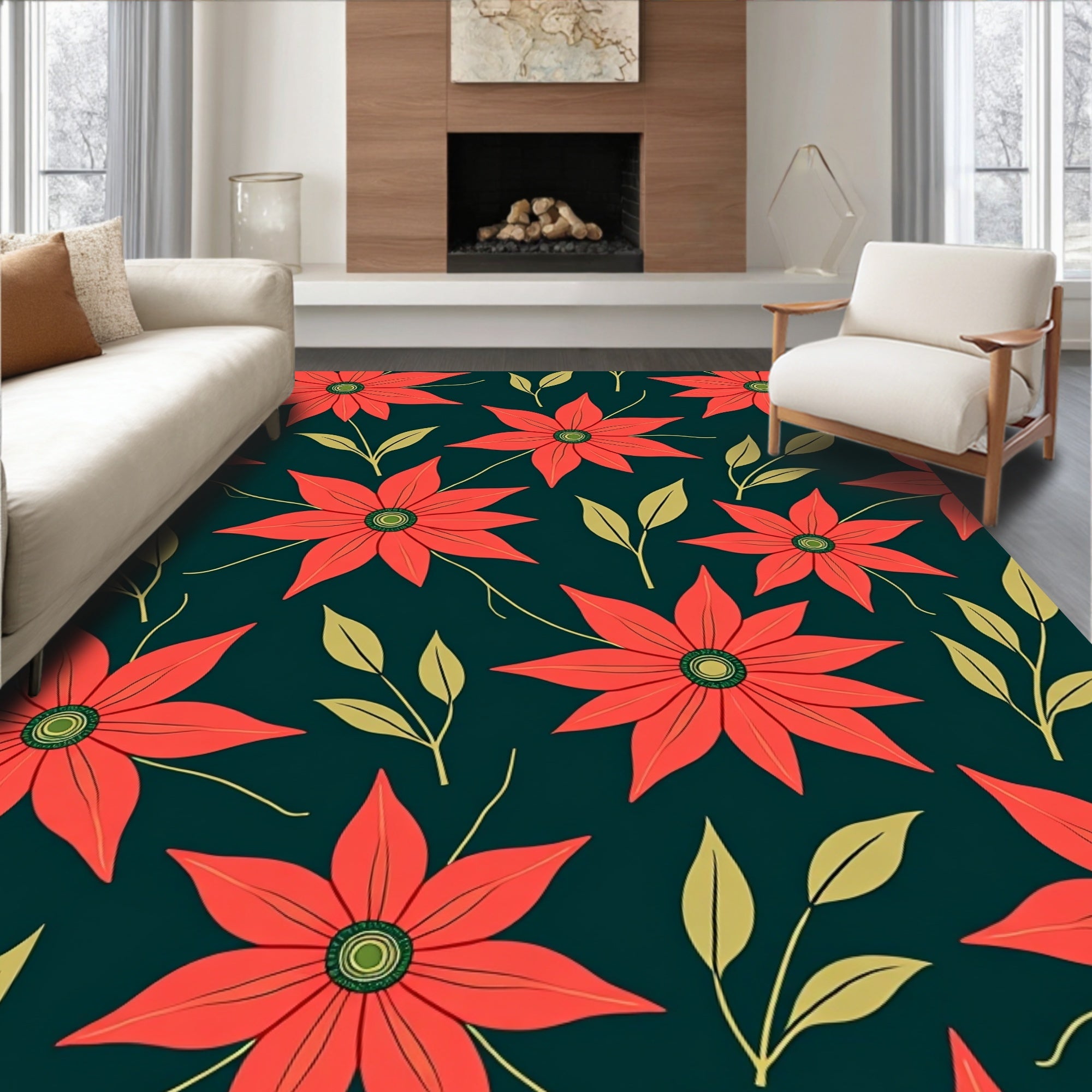 Coral Flower Arrangement Dark Background Rug