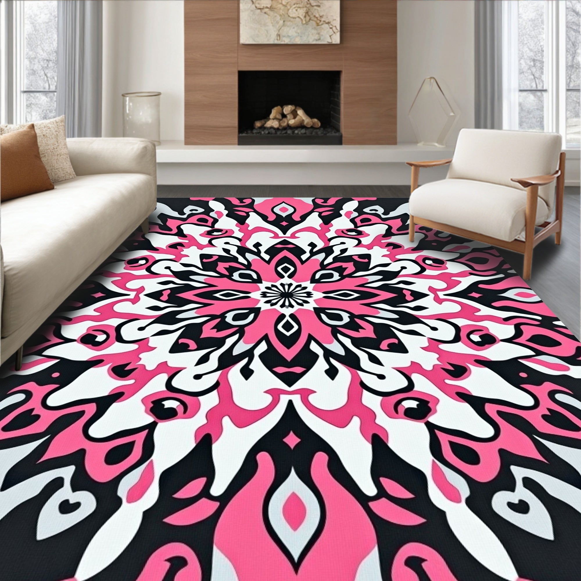 Vibrant Pink Black Abstract Mandala Rug