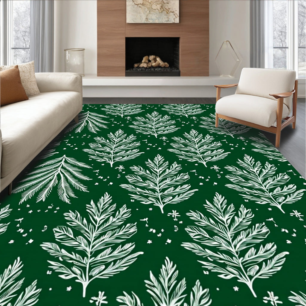 White Fern Fronds on Deep Green Rug