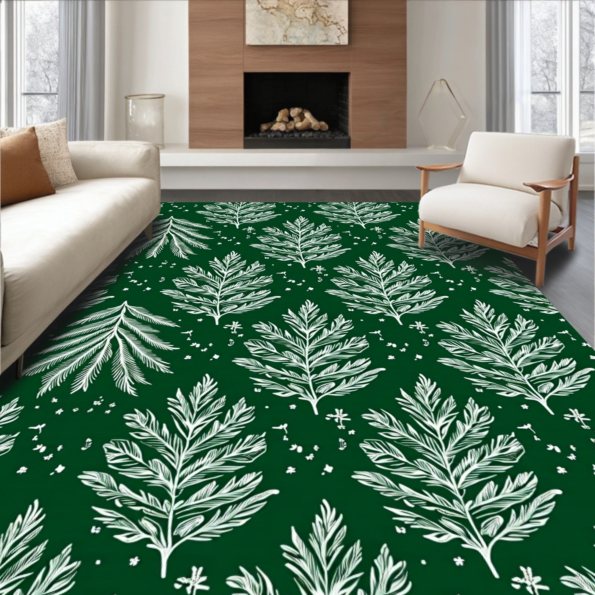 White Fern Fronds on Deep Green Rug