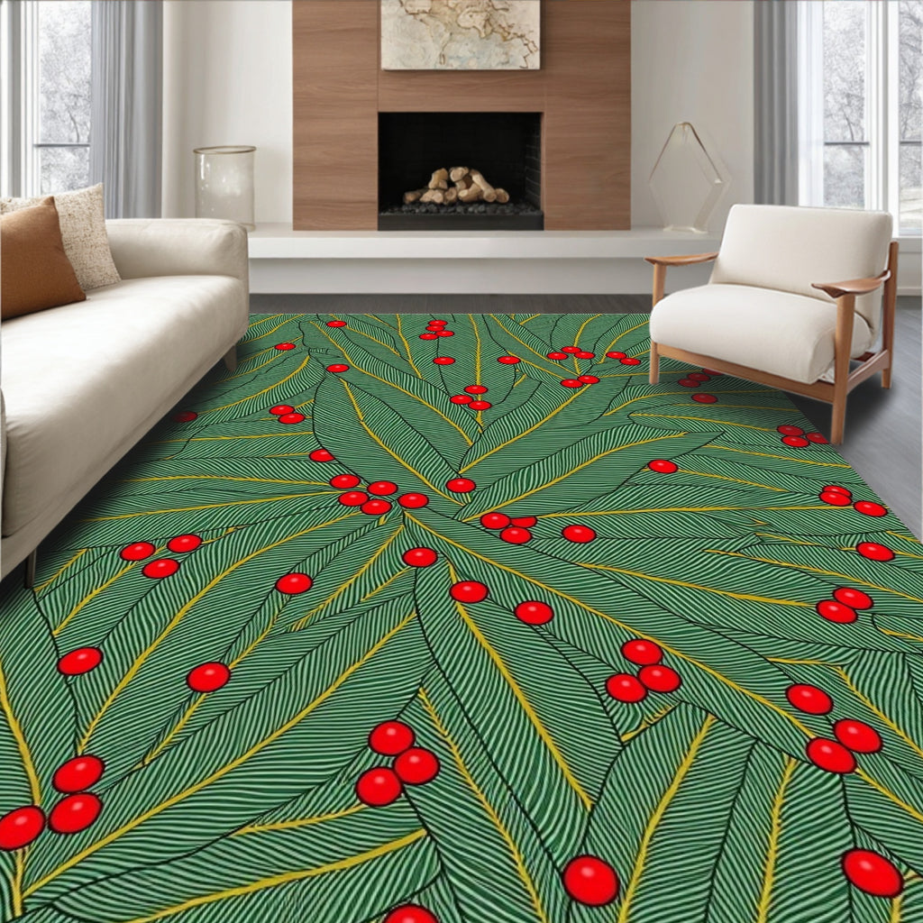 Green Leaf Red Berry Cluster Rug