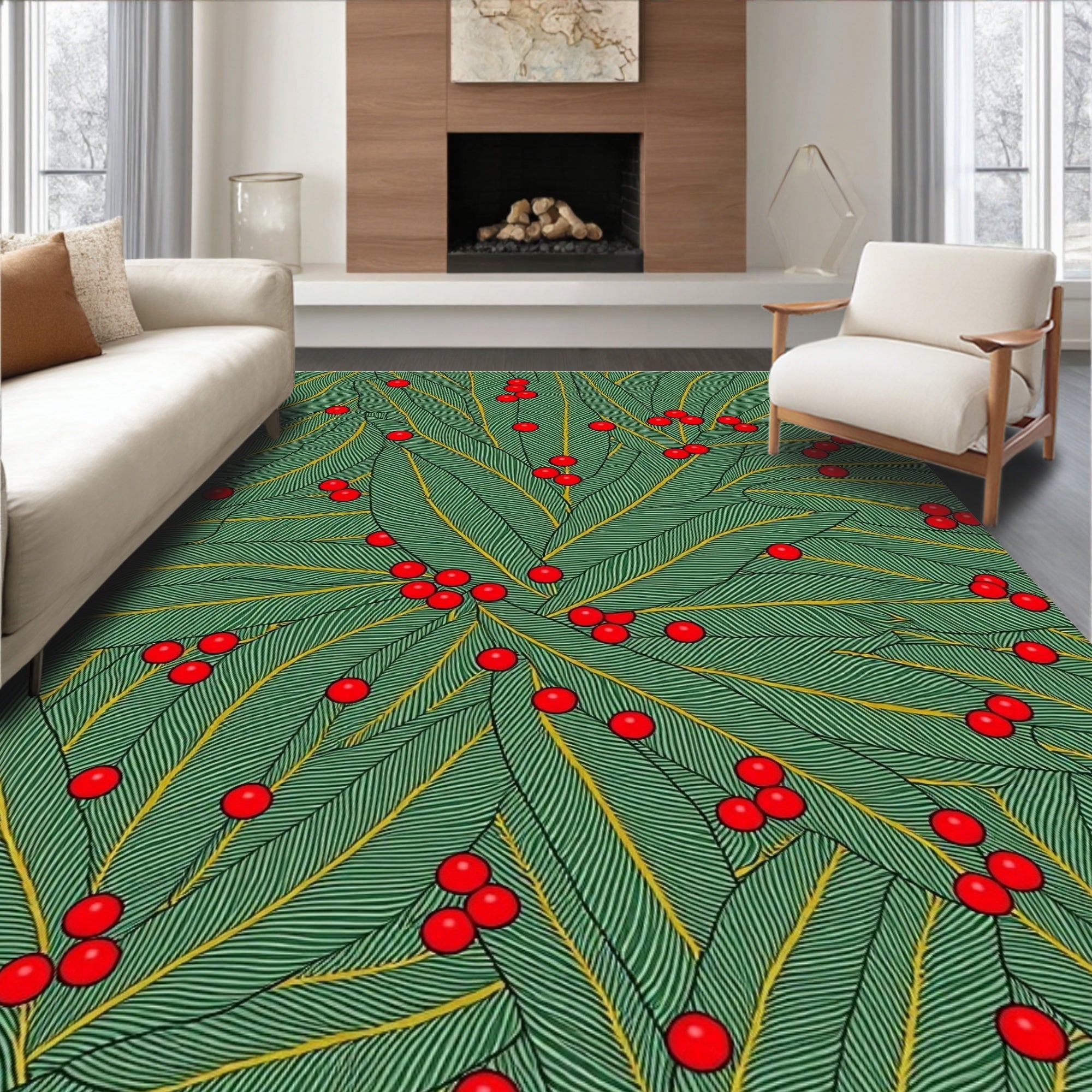 Green Leaf Red Berry Cluster Rug