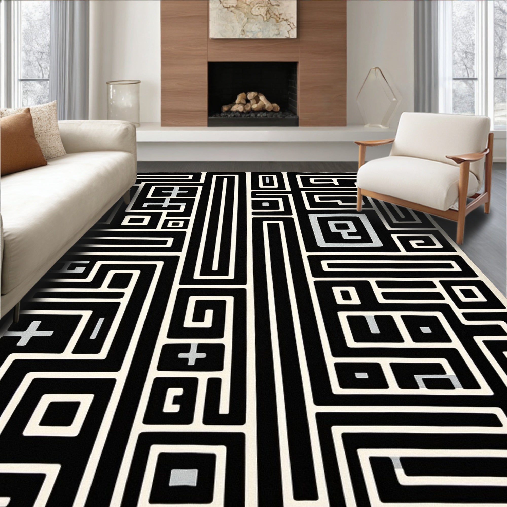 Black Cream Geometric Maze Art Rug