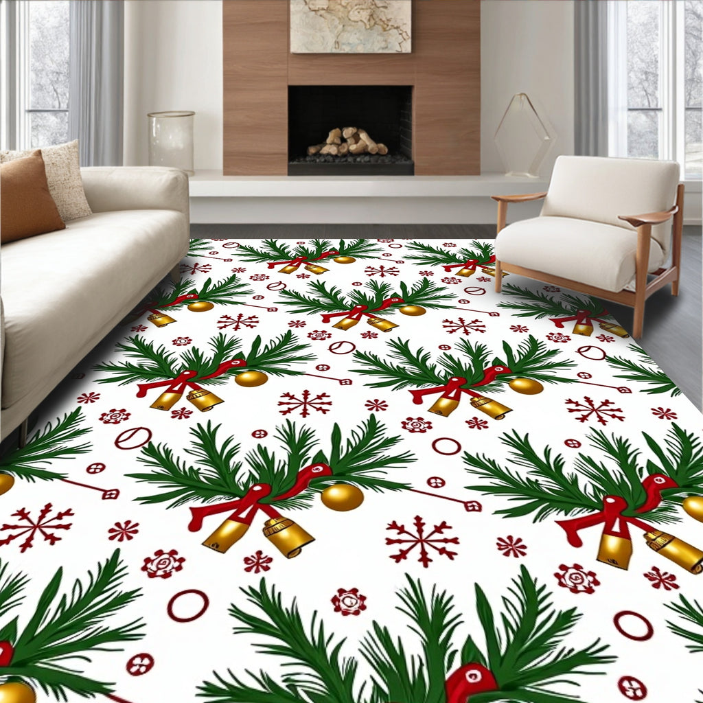Festive Green Fir Bells Gold Orbs Rug