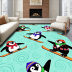 Skiing Penguins with Swirling Snow Background Rug