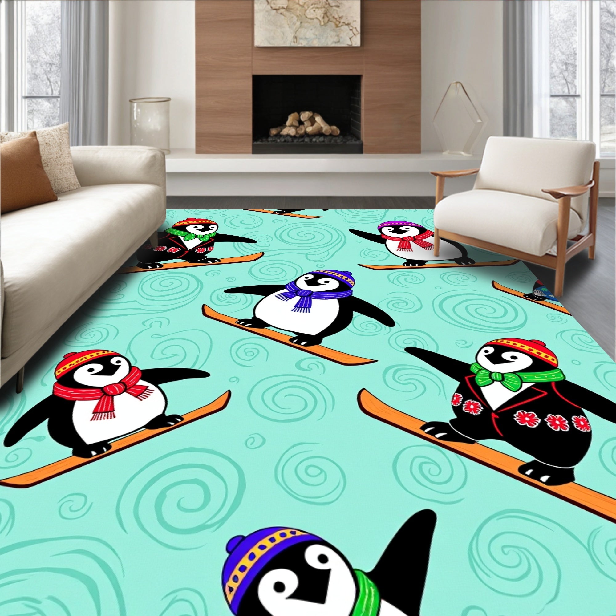 Skiing Penguins with Swirling Snow Background Rug