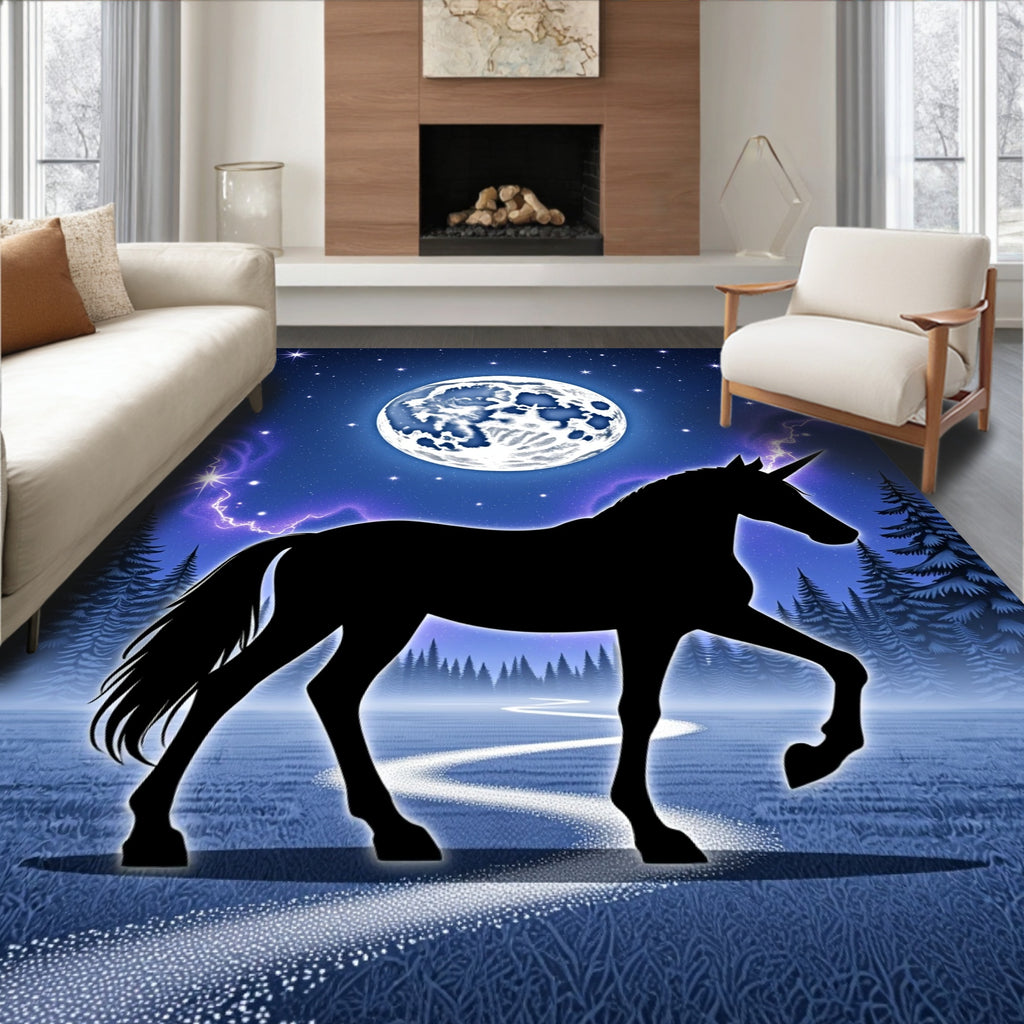 Magical Black Unicorn Moonlit Starry Landscape Rug