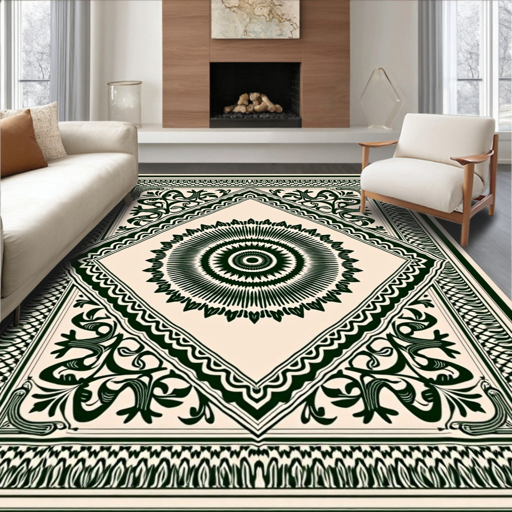 Dark Green Sunburst Mandala Ivory Rug