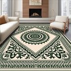 Dark Green Sunburst Mandala Ivory Rug