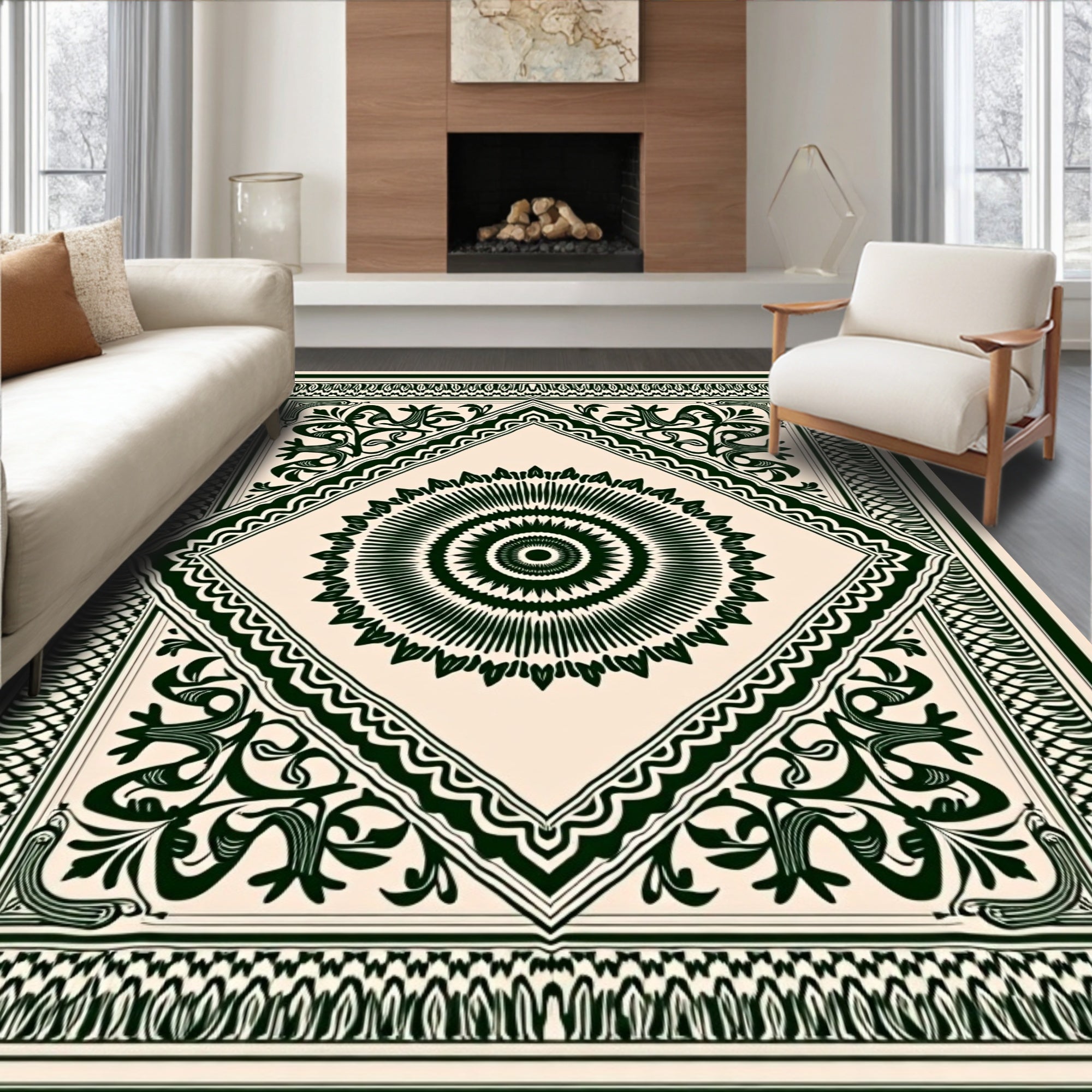 Dark Green Sunburst Mandala Ivory Rug