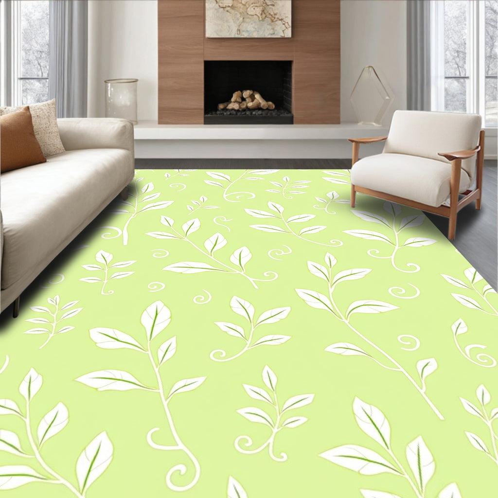 Light Green White Leafy Vine Swirl Rug