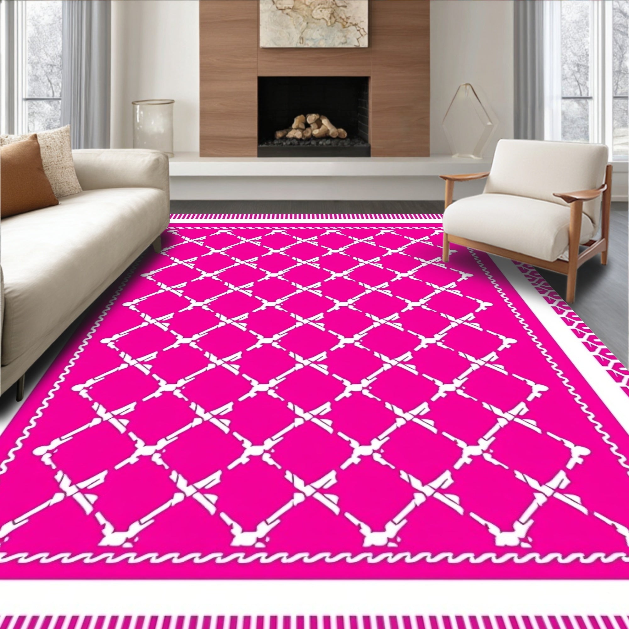 Bright Pink Geometric Trellis Lattice Rug