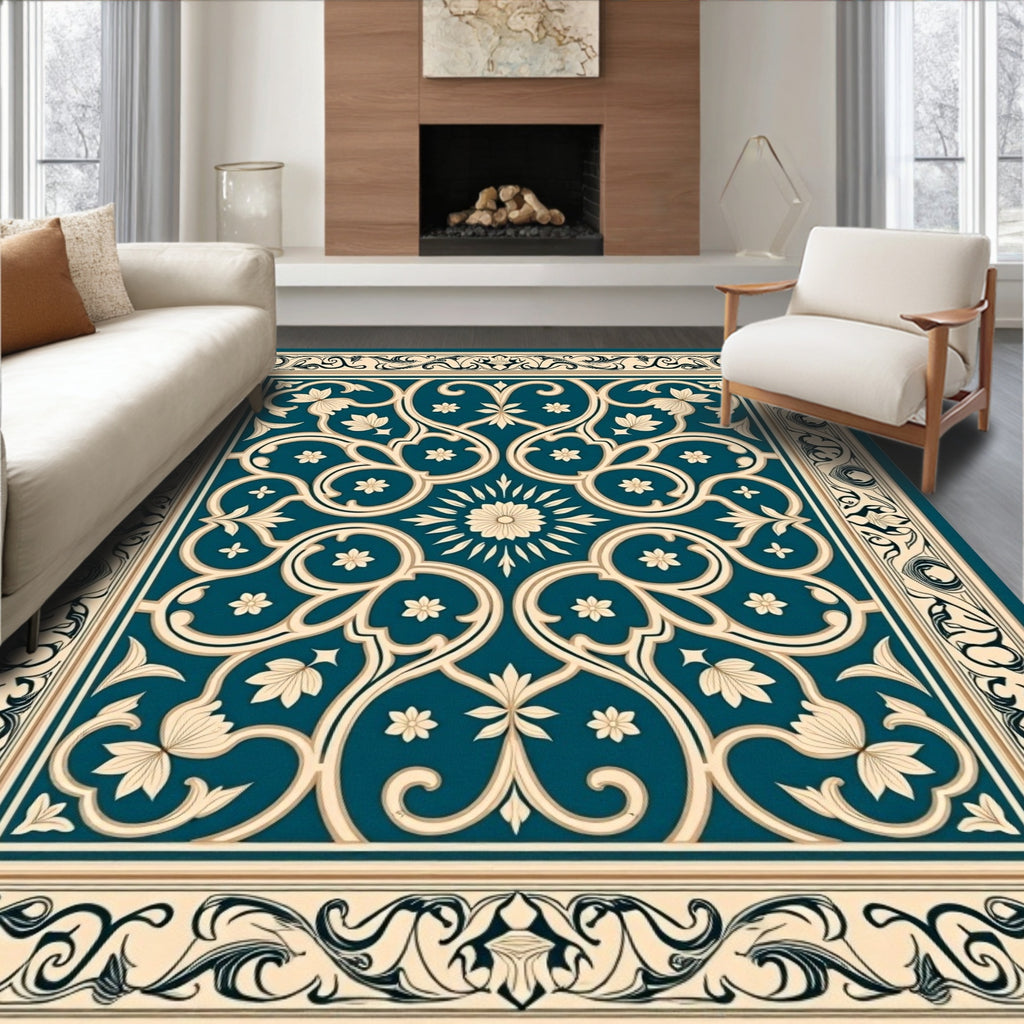 Teal Cream Floral Arabesque Frame Rug