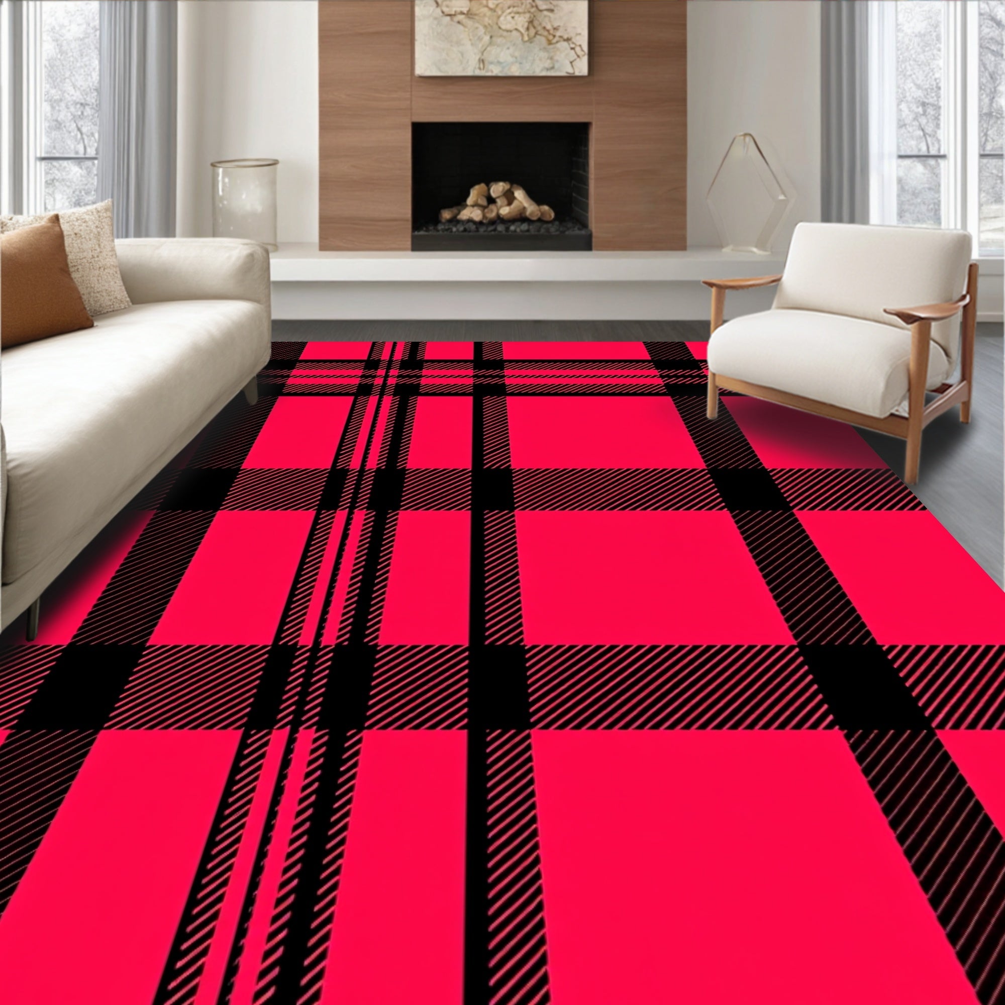 Vibrant Red Black Plaid Checkered Rug